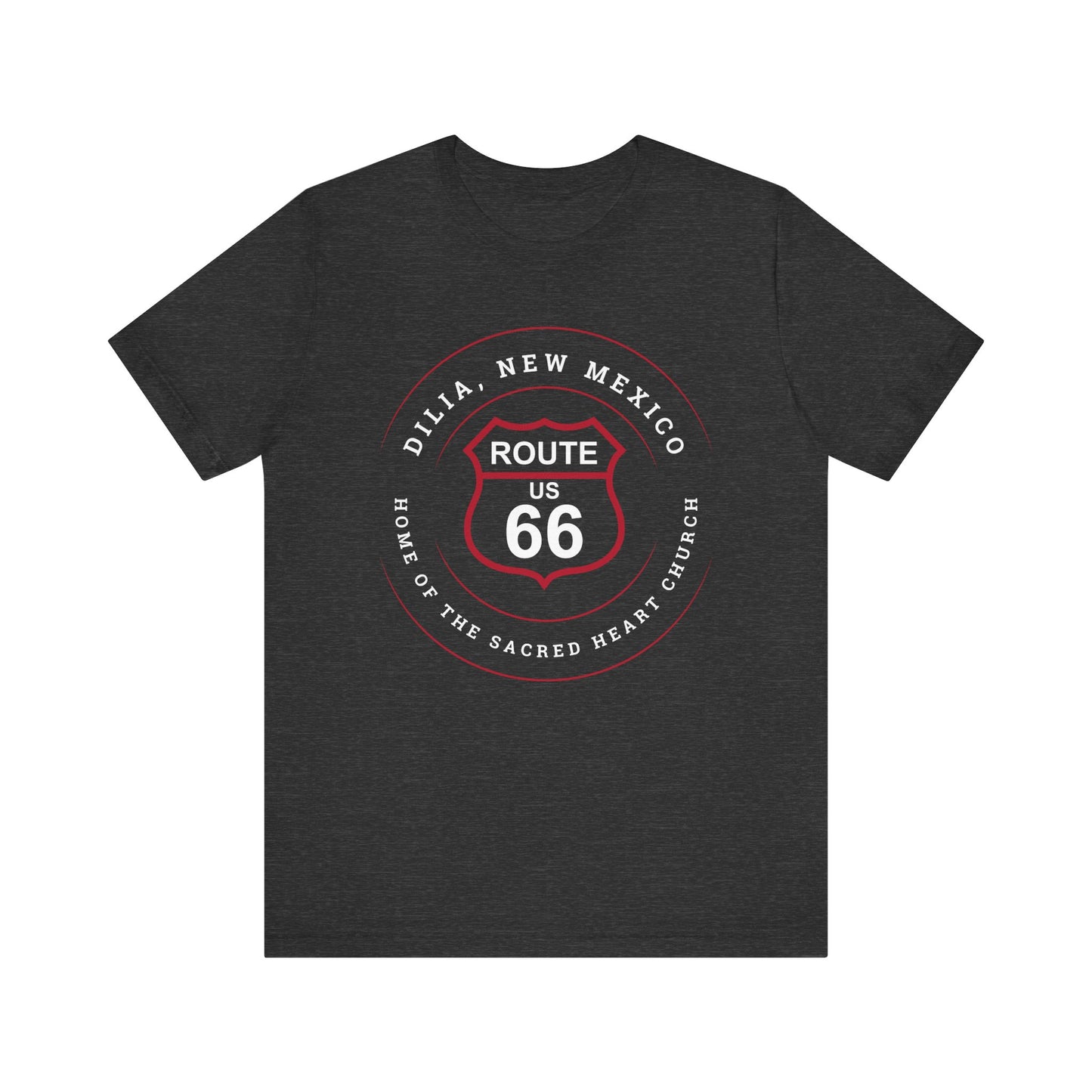 Dark grey heather retro Route 66 unisex jersey tee with Dilia, NM: A Home of the Sacred Heart Church graphic