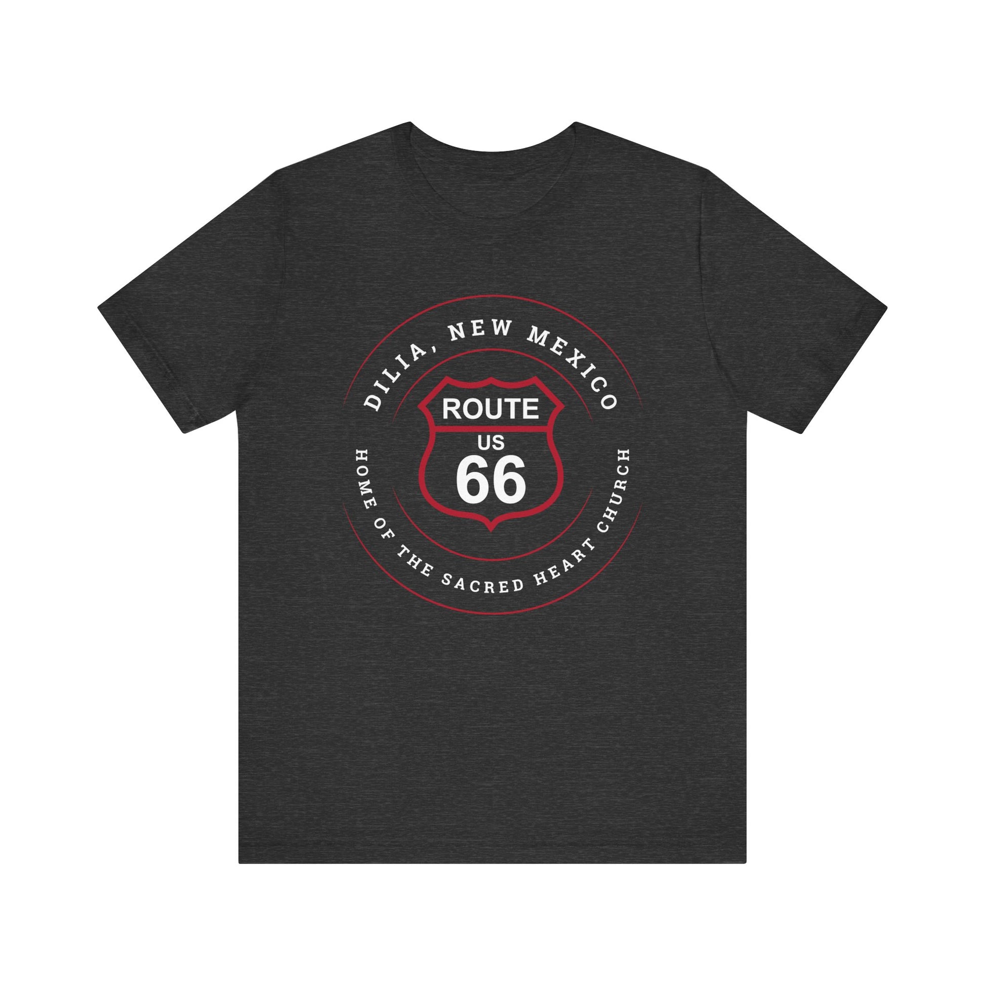 Dark grey heather retro Route 66 unisex jersey tee with Dilia, NM: A Home of the Sacred Heart Church graphic