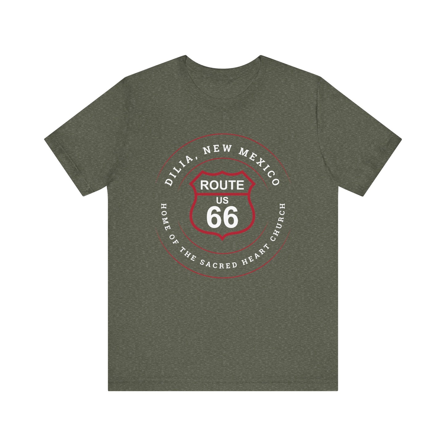 Heather military green retro Route 66 unisex jersey tee with Dilia, NM: A Home of the Sacred Heart Church graphic
