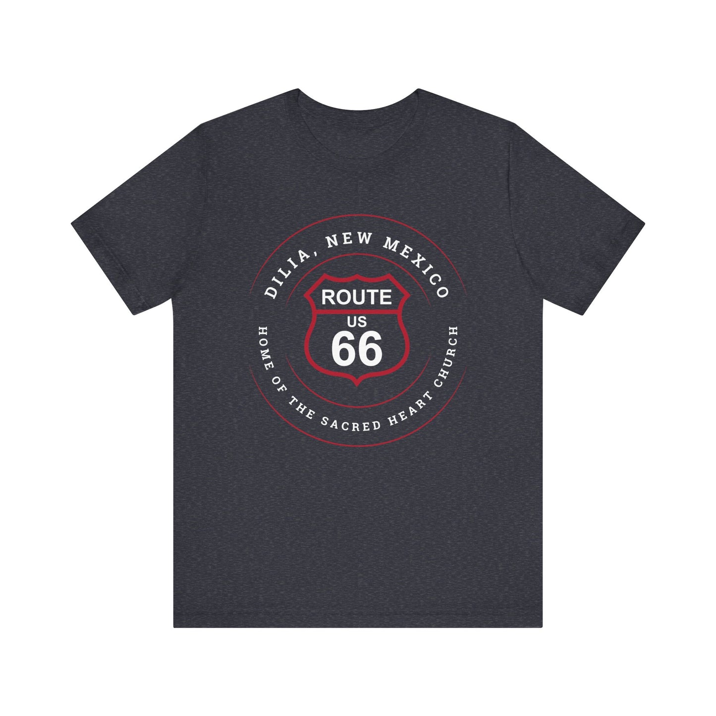 Heather navy retro Route 66 unisex jersey tee with Dilia, NM: A Home of the Sacred Heart Church graphic