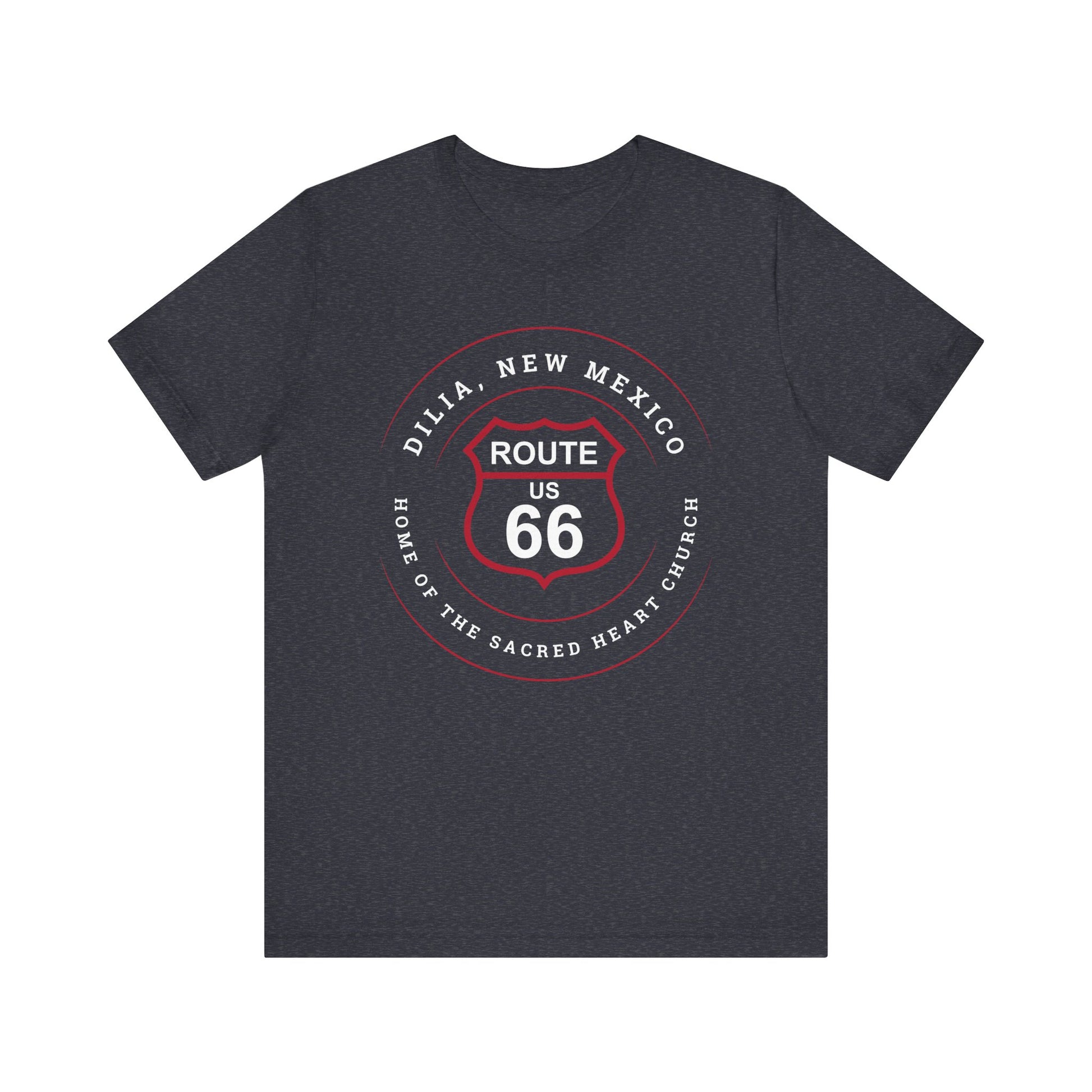 Heather navy retro Route 66 unisex jersey tee with Dilia, NM: A Home of the Sacred Heart Church graphic