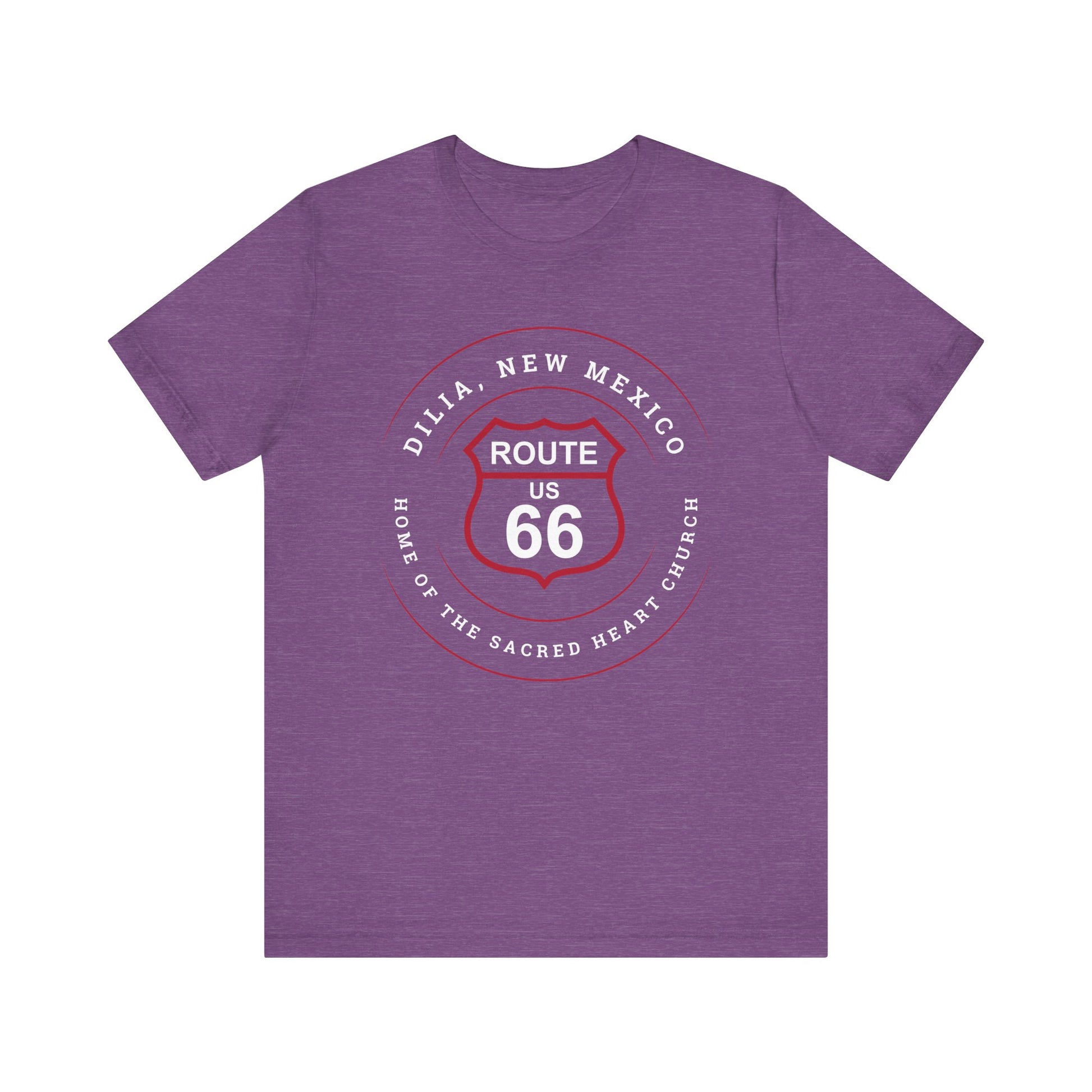Heather team purple retro Route 66 unisex jersey tee with Dilia, NM: A Home of the Sacred Heart Church graphic