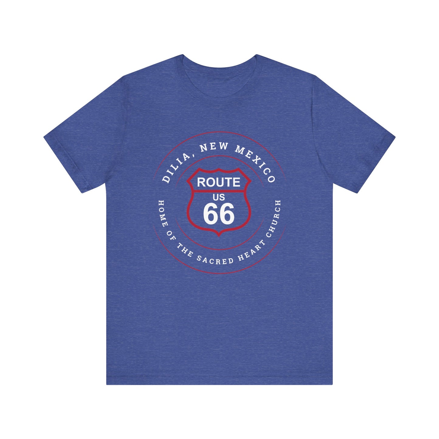 Heather true royal retro Route 66 unisex jersey tee with Dilia, NM: A Home of the Sacred Heart Church graphic