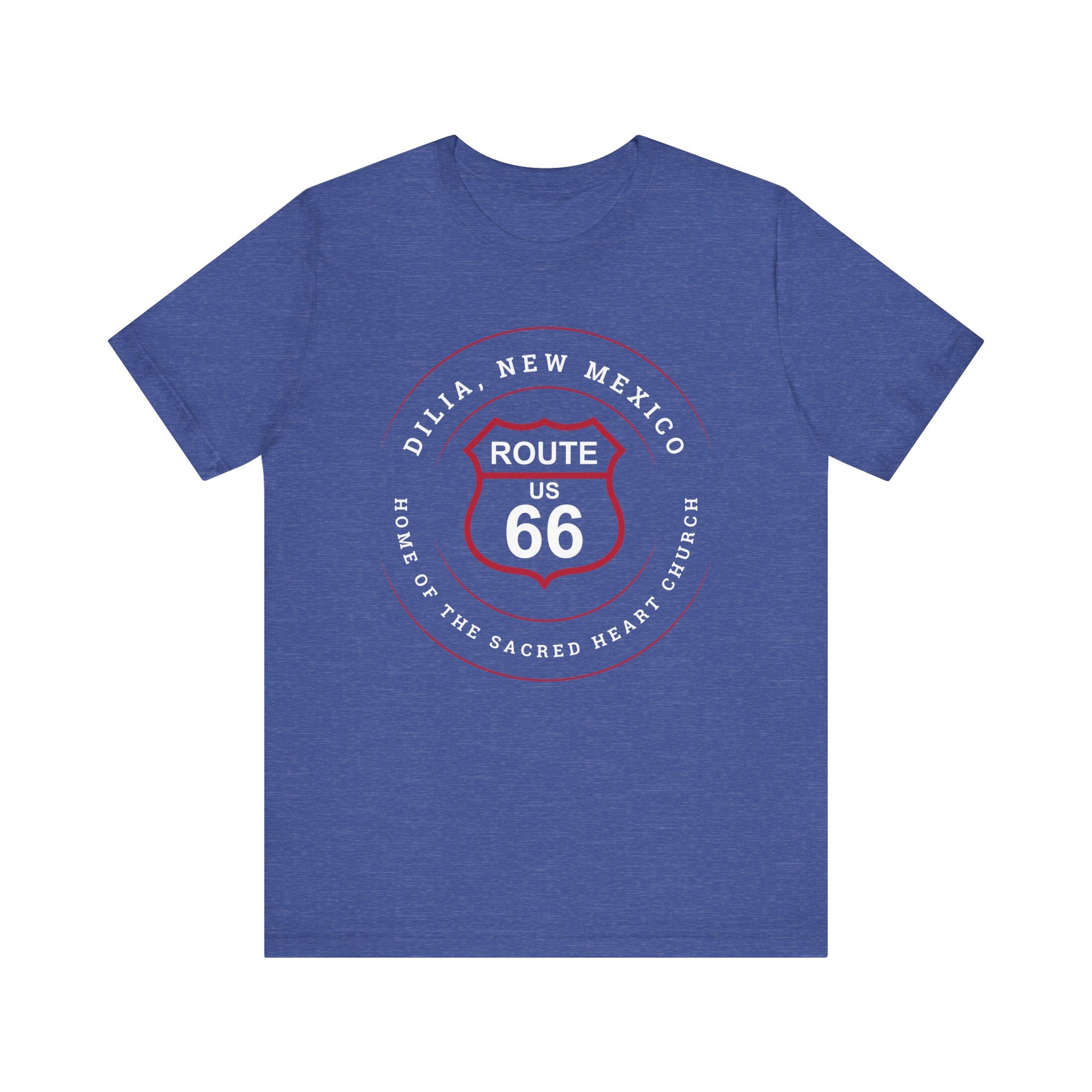 Heather true royal retro Route 66 unisex jersey tee with Dilia, NM: A Home of the Sacred Heart Church graphic