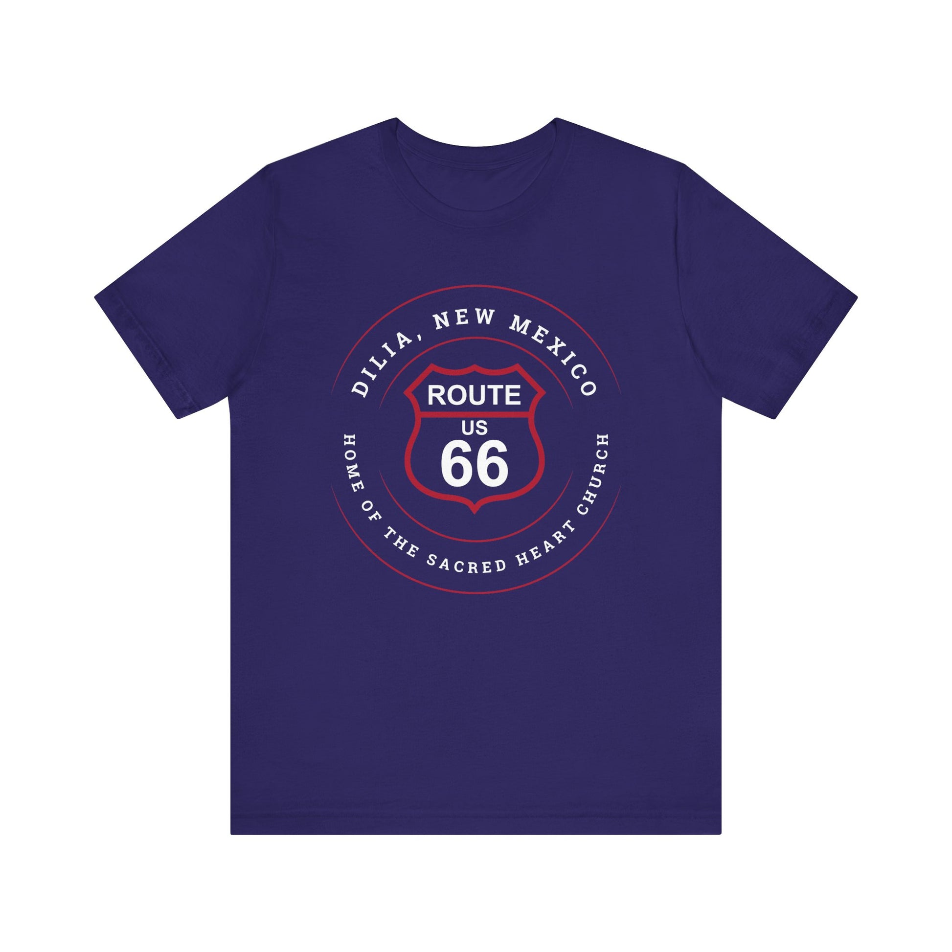 Team avy retro Route 66 unisex jersey tee with Dilia, NM: A Home of the Sacred Heart Church graphic