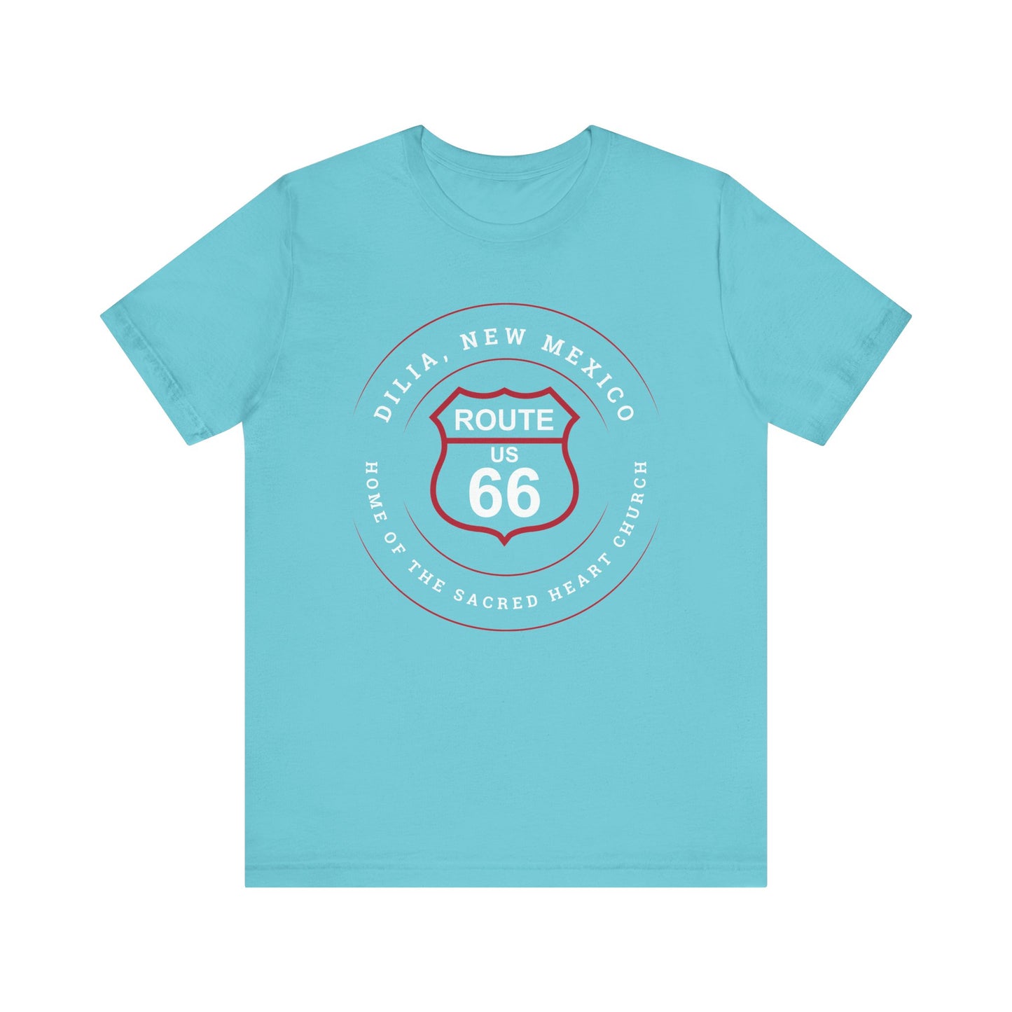 Turquoise retro Route 66 unisex jersey tee with Dilia, NM: A Home of the Sacred Heart Church graphic
