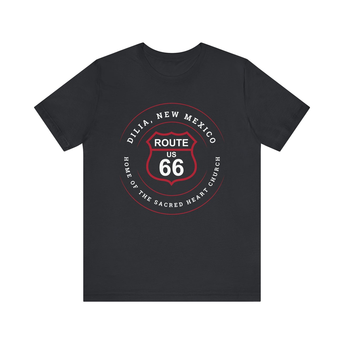 Vintage black retro Route 66 unisex jersey tee with Dilia, NM: A Home of the Sacred Heart Church graphic