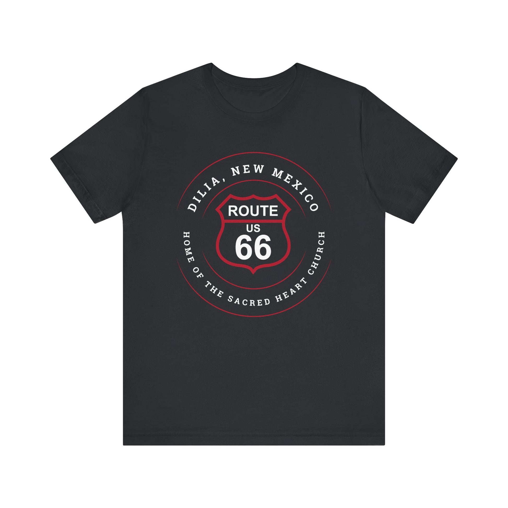 Vintage black retro Route 66 unisex jersey tee with Dilia, NM: A Home of the Sacred Heart Church graphic