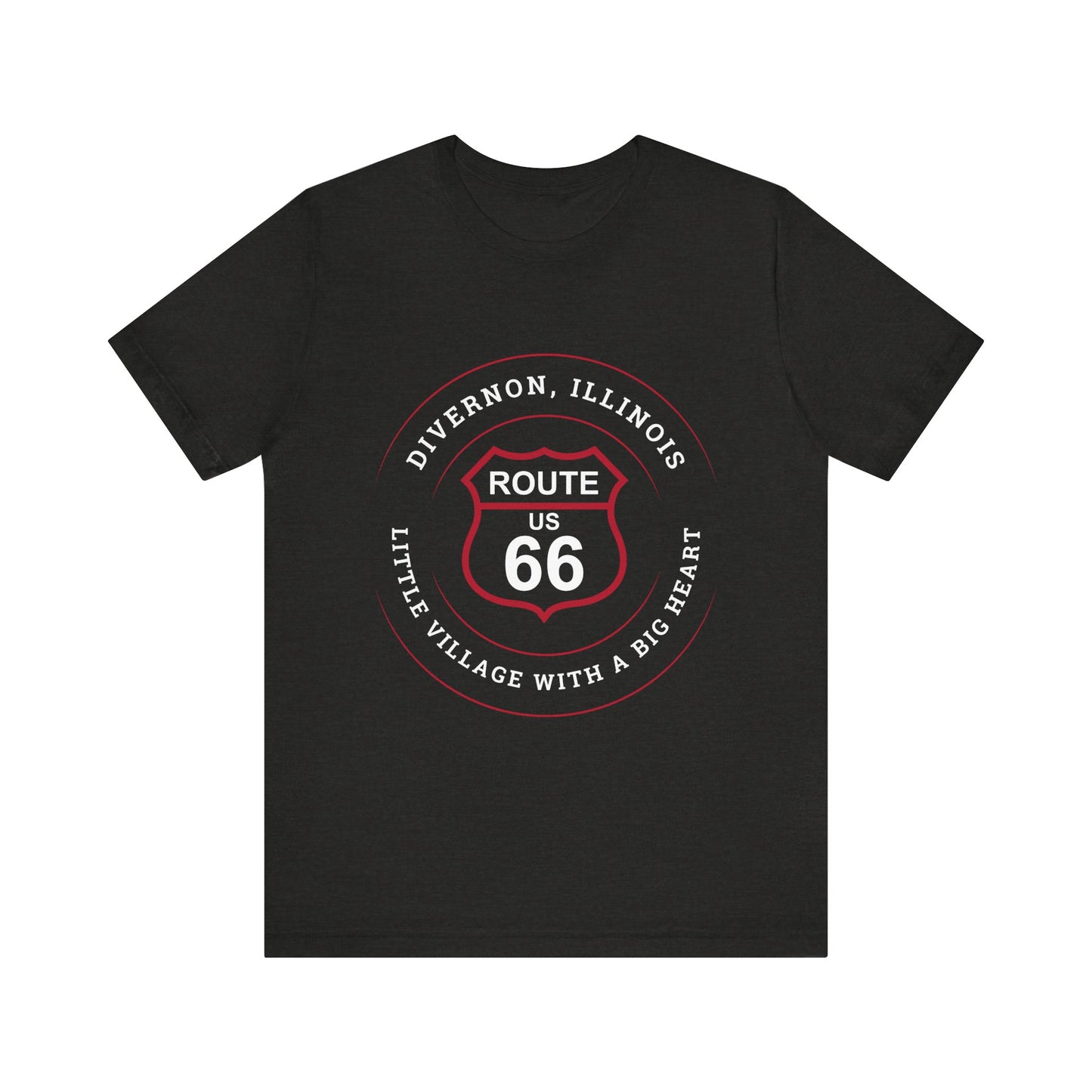 Black heather retro Route 66 unisex jersey tee with Divernon, IL: "Little Village with a Big Heart" design