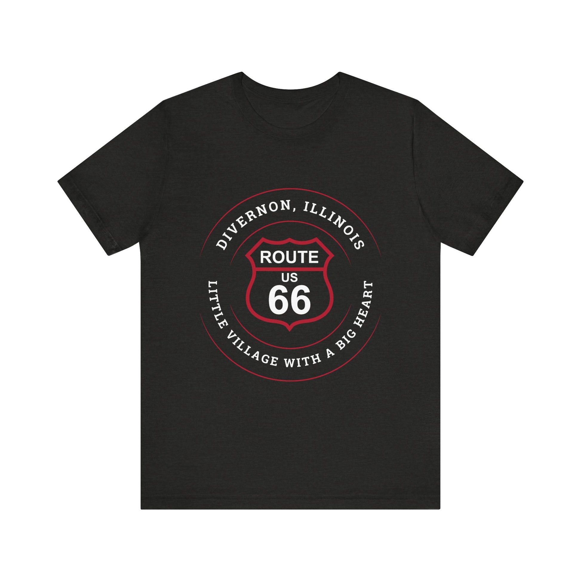 Black heather retro Route 66 unisex jersey tee with Divernon, IL: "Little Village with a Big Heart" design