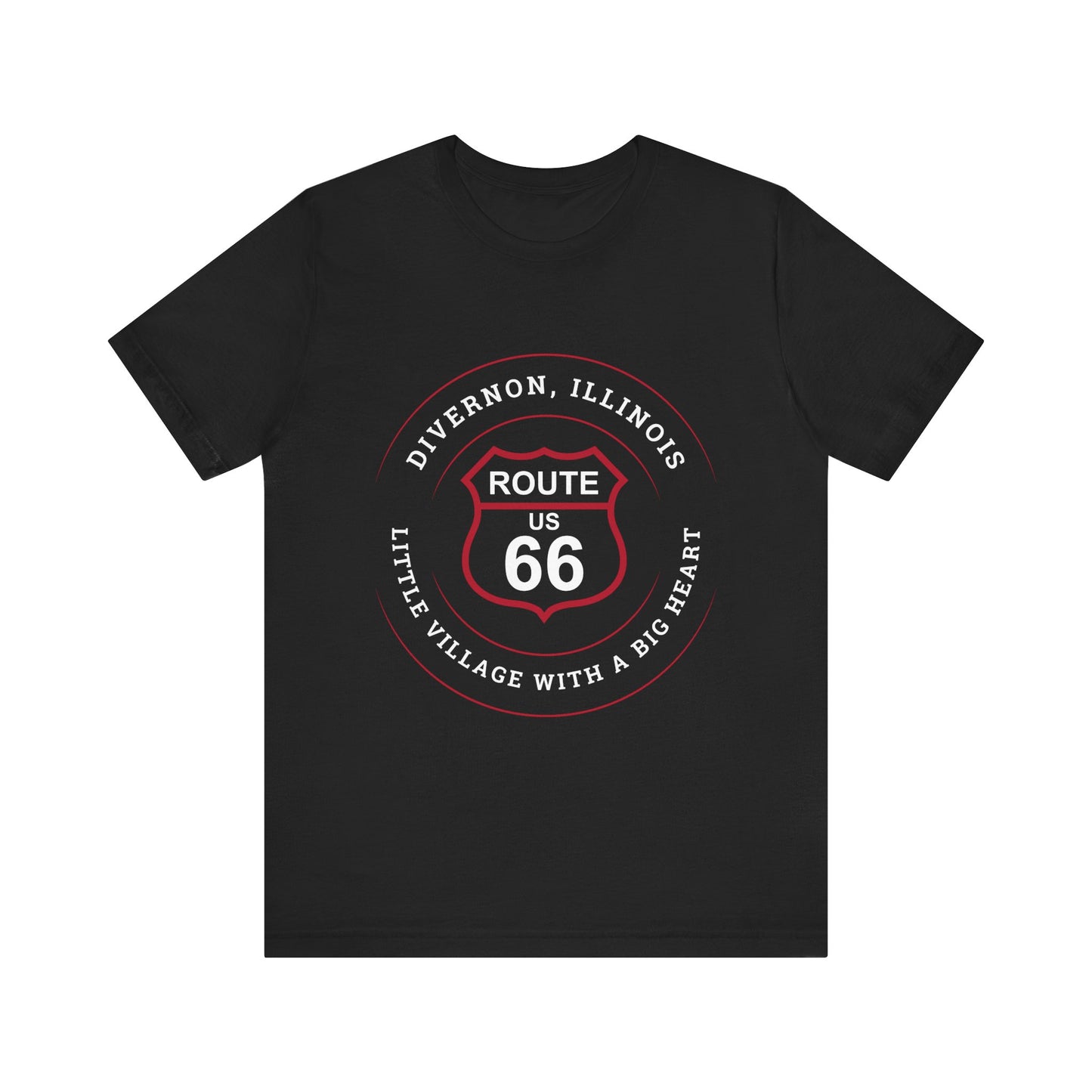 Black retro Route 66 unisex jersey tee with Divernon, IL: "Little Village with a Big Heart" design