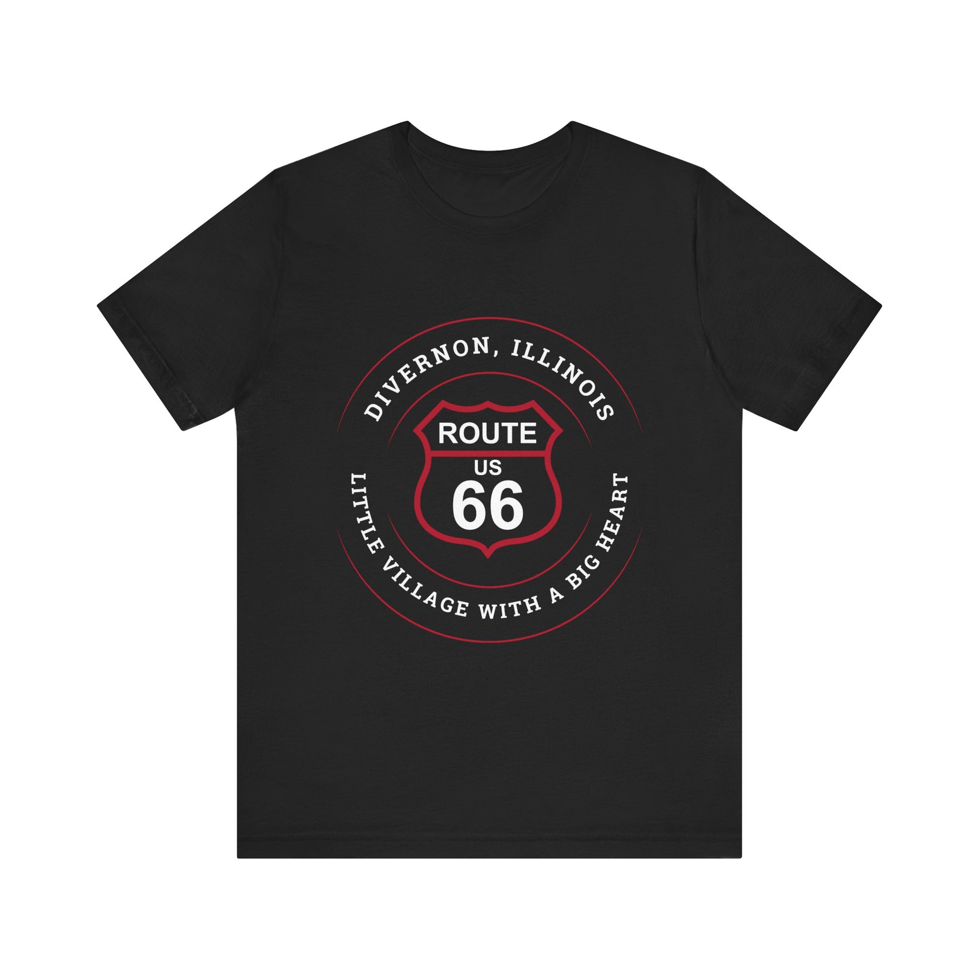 Black retro Route 66 unisex jersey tee with Divernon, IL: "Little Village with a Big Heart" design
