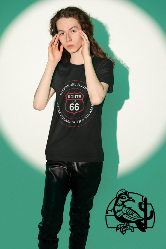 Male model wearing a black retro Route 66 unisex jersey tee with a Divernon, IL: "Little Village with a Big Heart" design