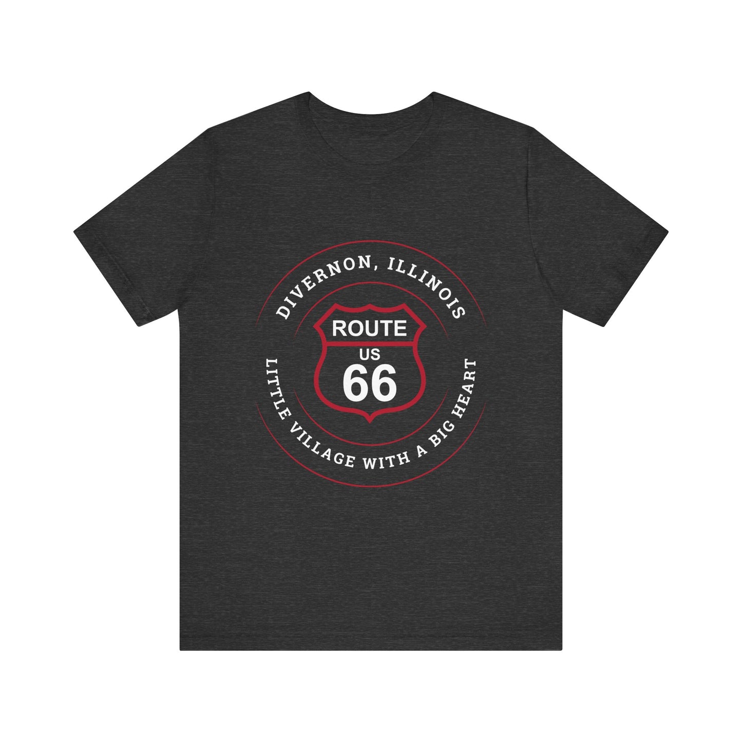 Dark grey heather retro Route 66 unisex jersey tee with Divernon, IL: "Little Village with a Big Heart" design