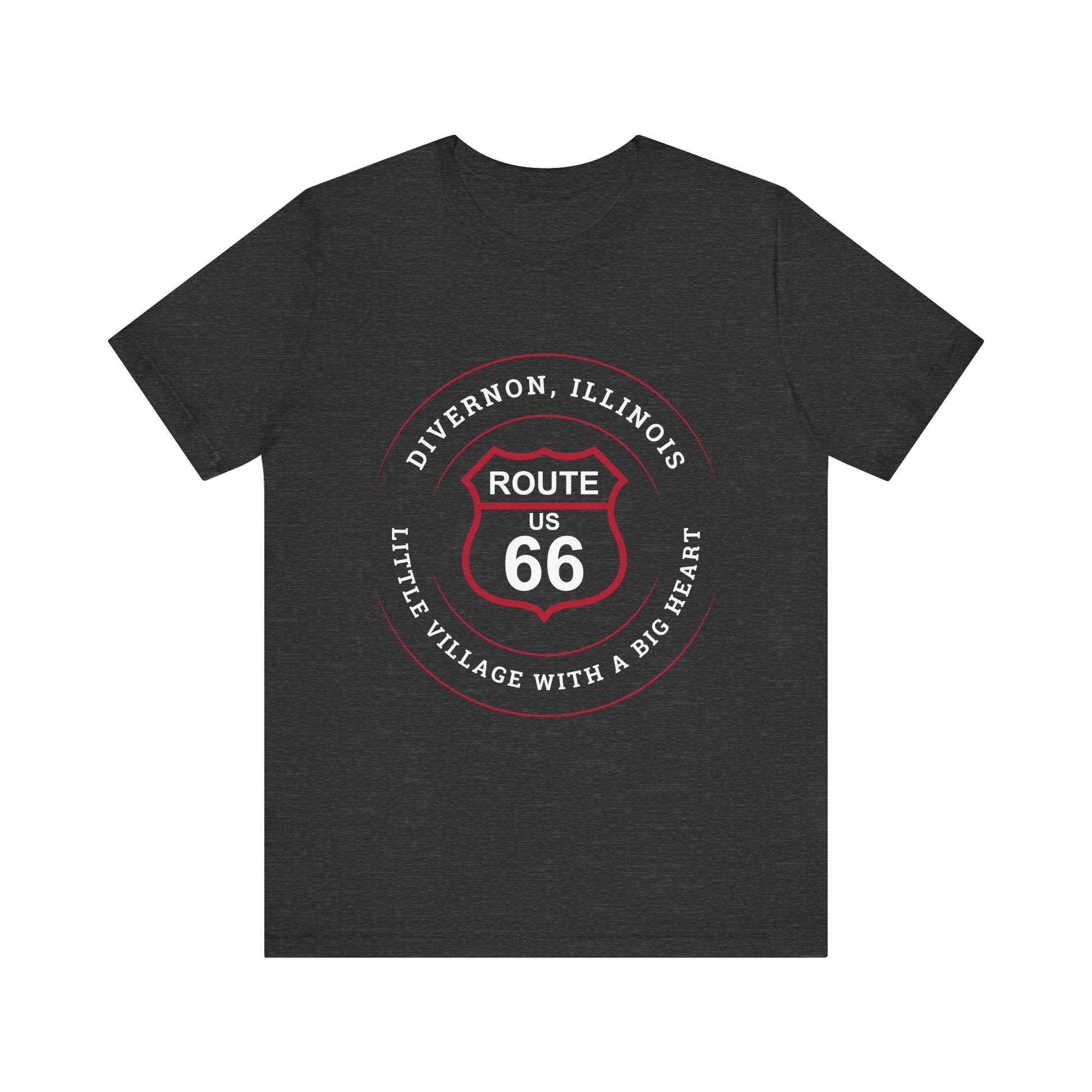 Dark grey heather retro Route 66 unisex jersey tee with Divernon, IL: "Little Village with a Big Heart" design