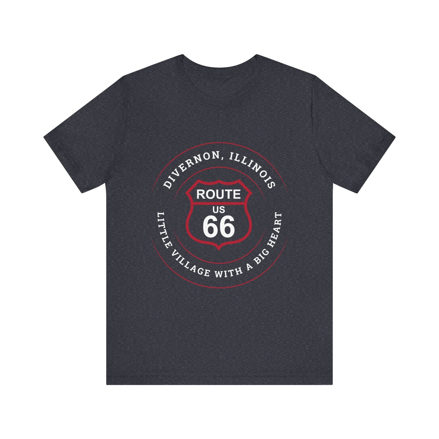 Heather navy retro Route 66 unisex jersey tee with Divernon, IL: "Little Village with a Big Heart" design