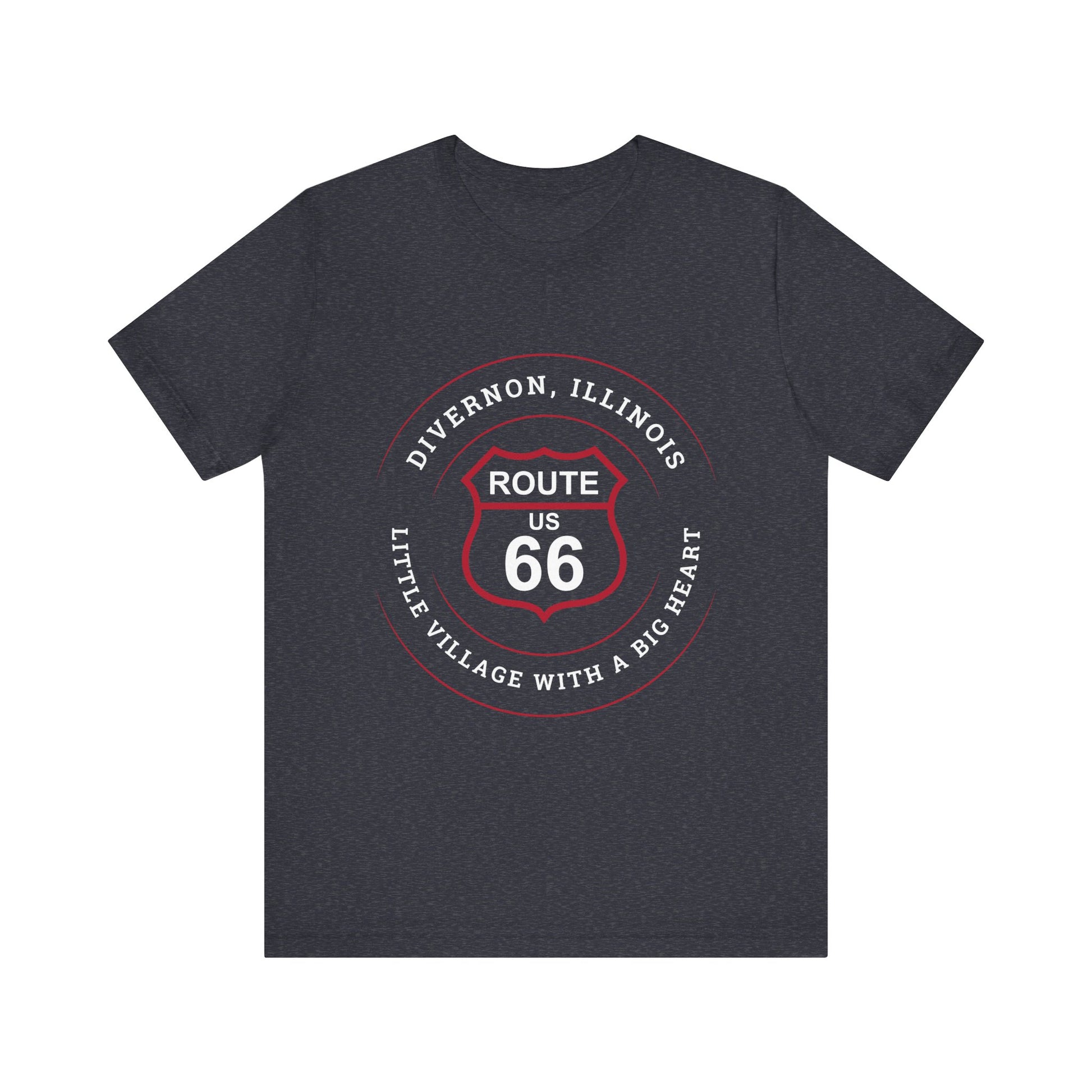 Heather navy retro Route 66 unisex jersey tee with Divernon, IL: "Little Village with a Big Heart" design