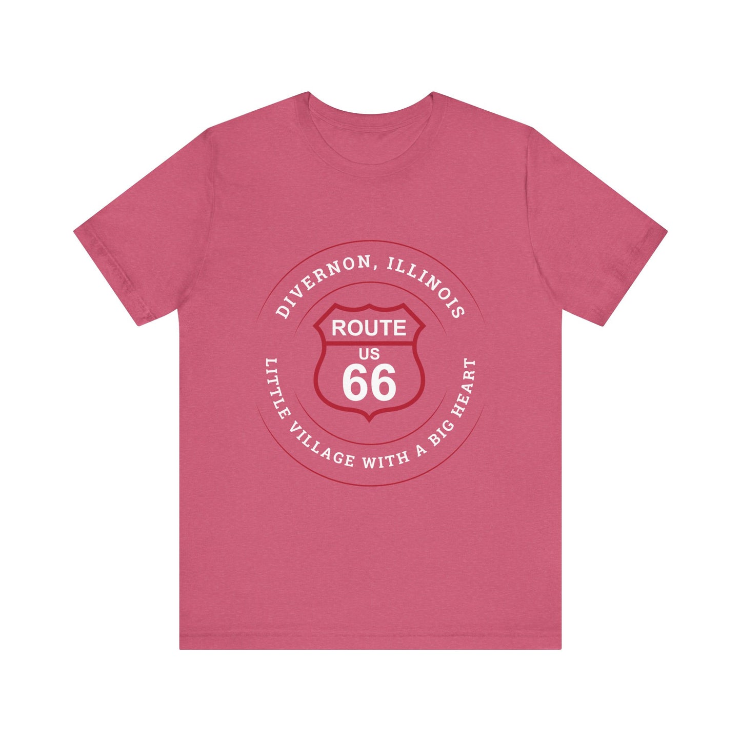 Heather raspberry retro Route 66 unisex jersey tee with Divernon, IL: "Little Village with a Big Heart" design