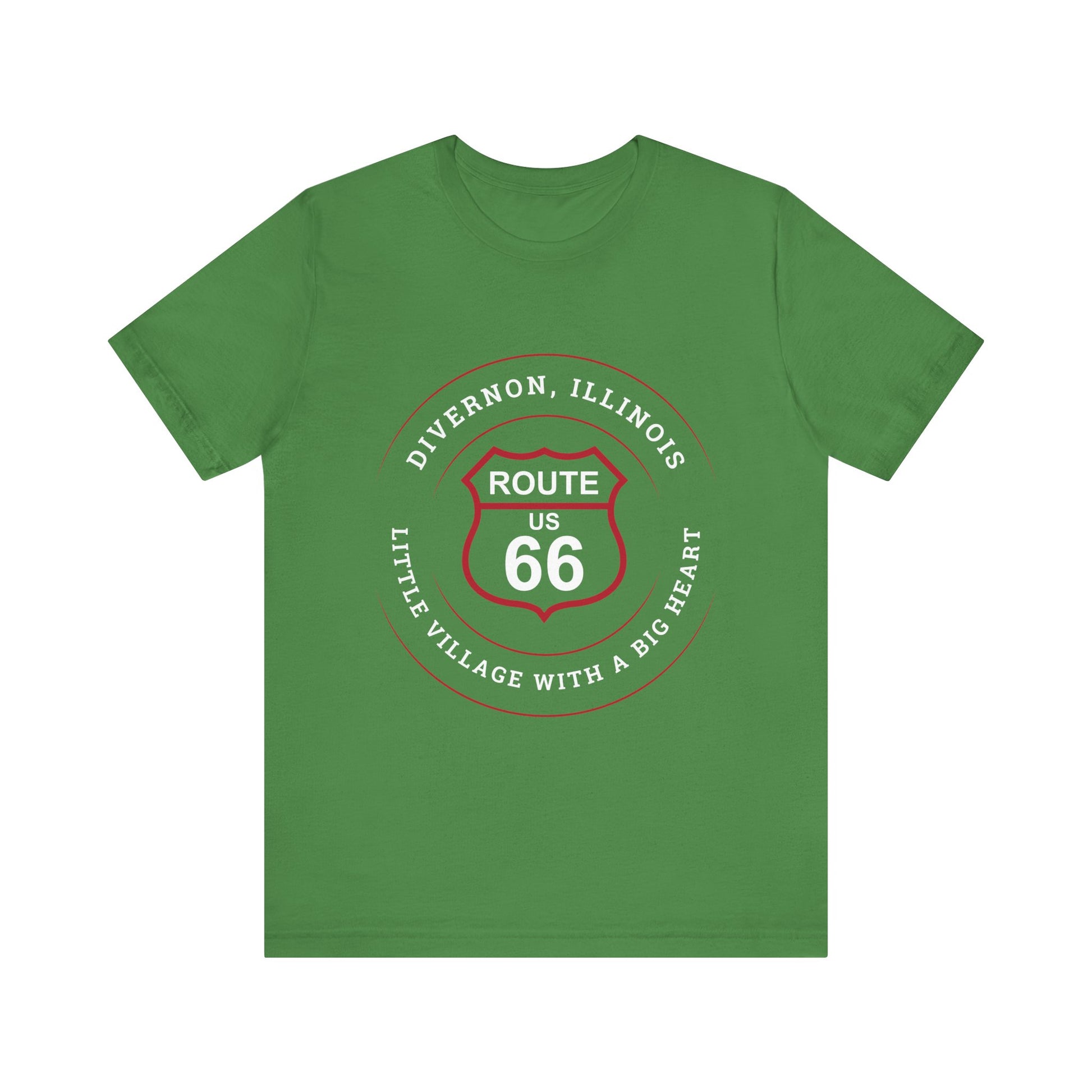 Leaf retro Route 66 unisex jersey tee with Divernon, IL: "Little Village with a Big Heart" design