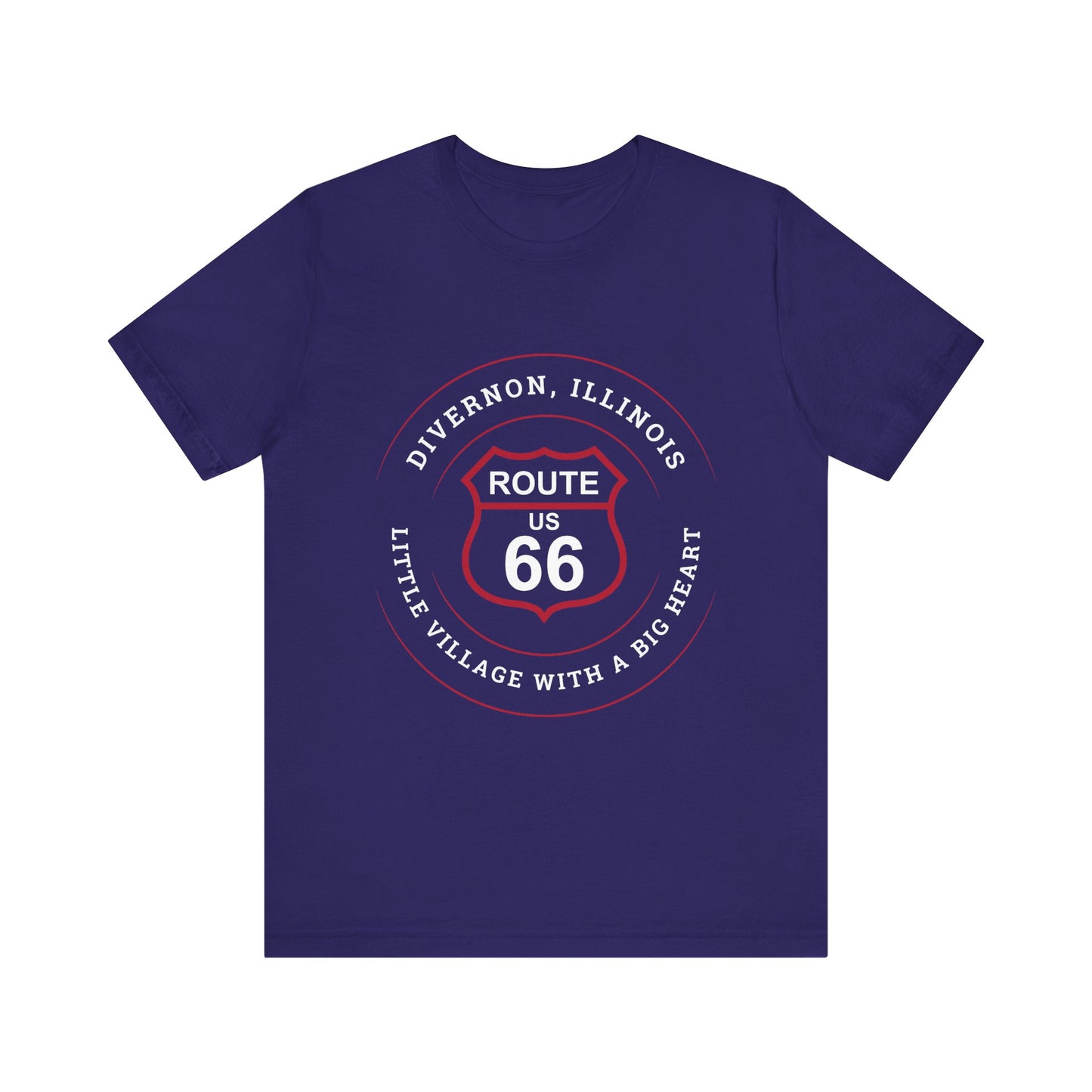 Team navy retro Route 66 unisex jersey tee with Divernon, IL: "Little Village with a Big Heart" design
