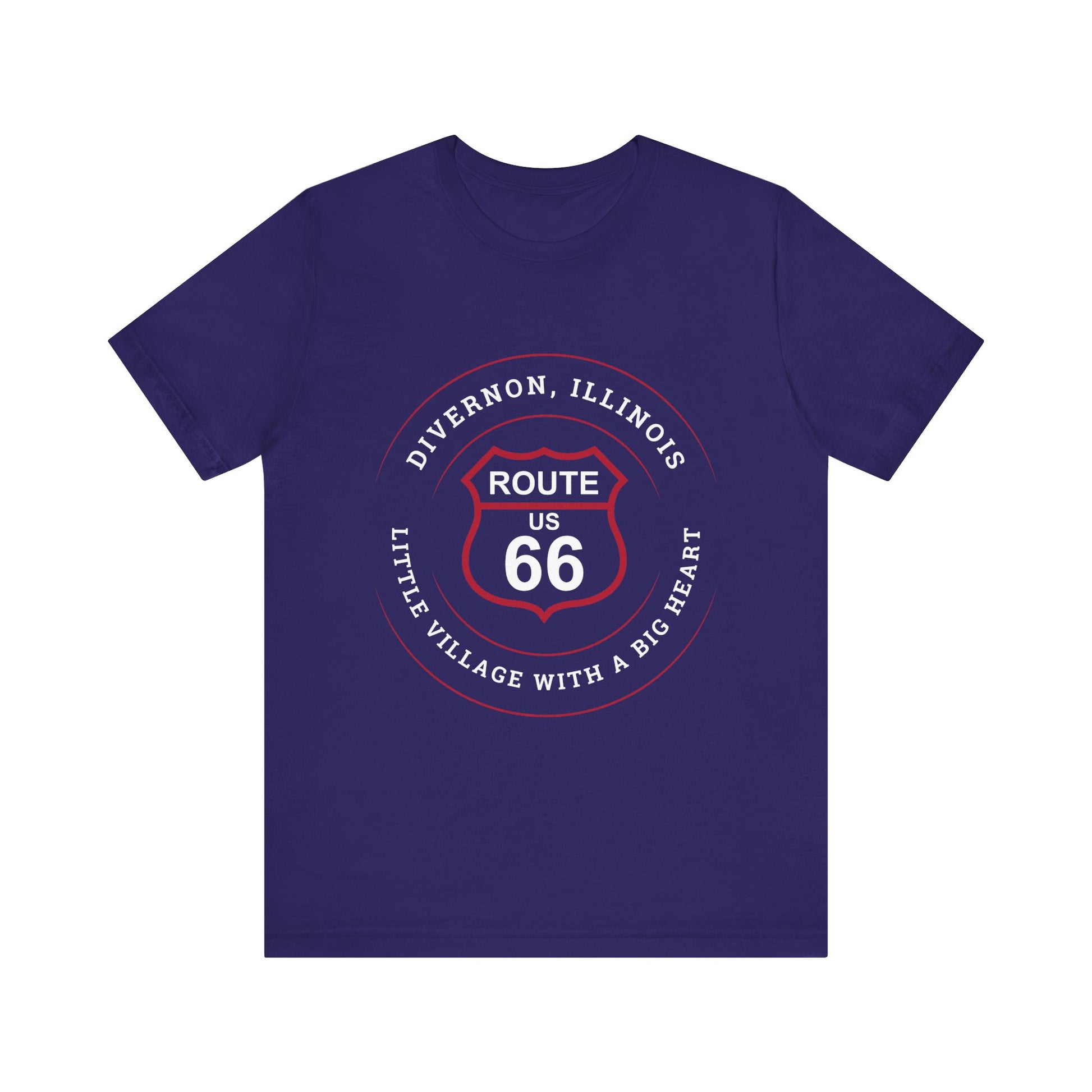 Team navy retro Route 66 unisex jersey tee with Divernon, IL: "Little Village with a Big Heart" design