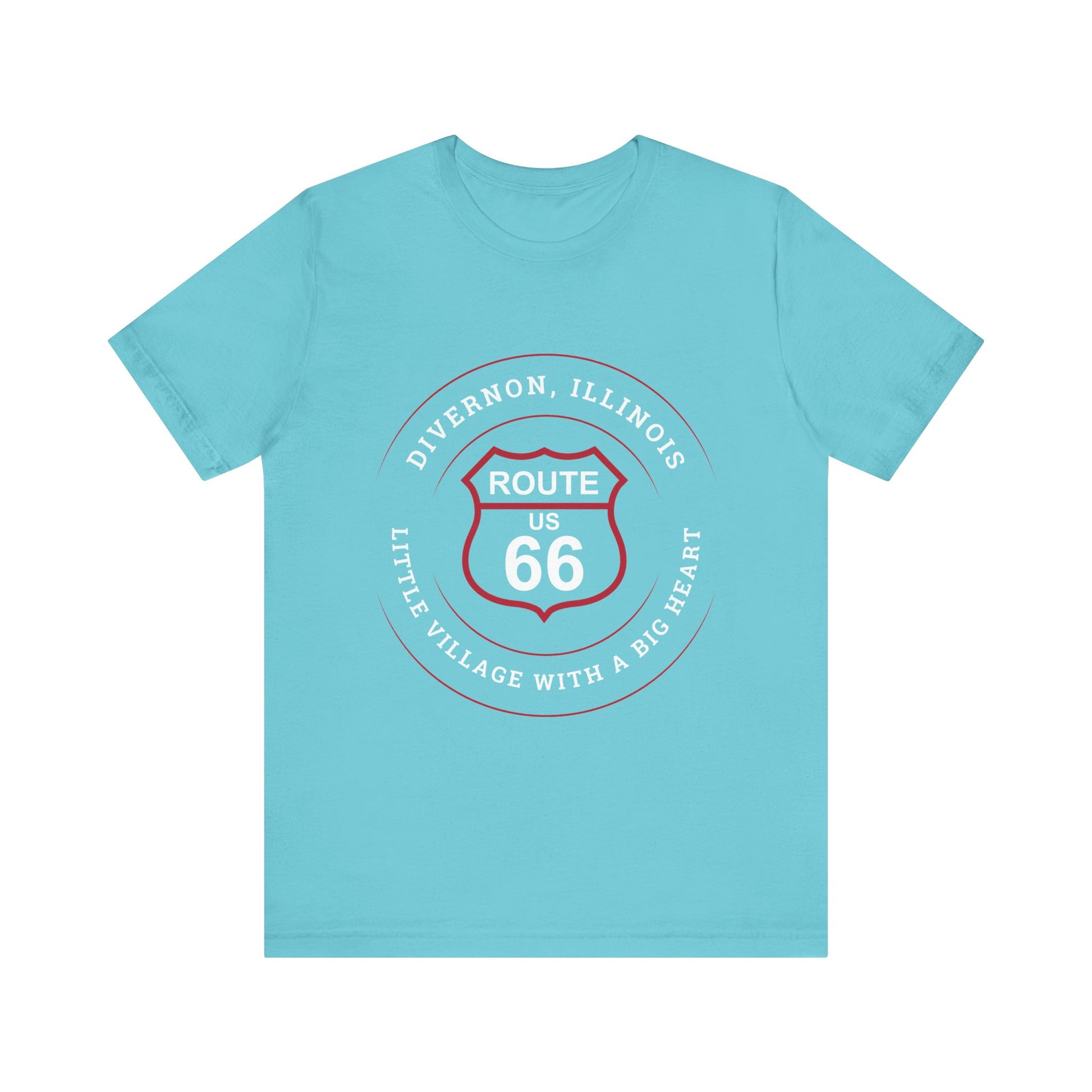 Turquoise retro Route 66 unisex jersey tee with Divernon, IL: "Little Village with a Big Heart" design