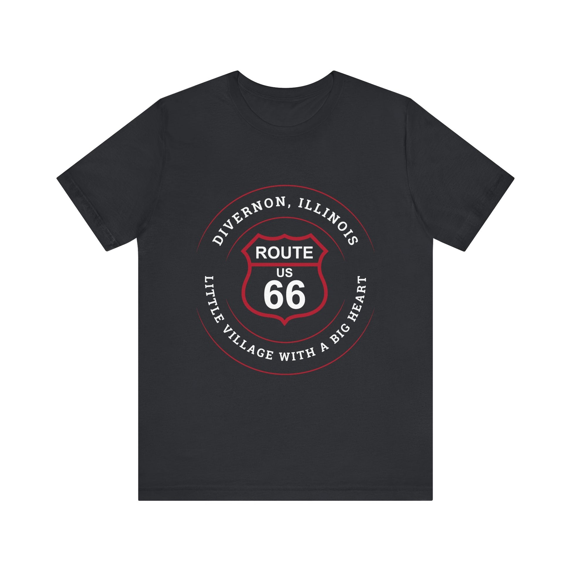Vintage black retro Route 66 unisex jersey tee with Divernon, IL: "Little Village with a Big Heart" design