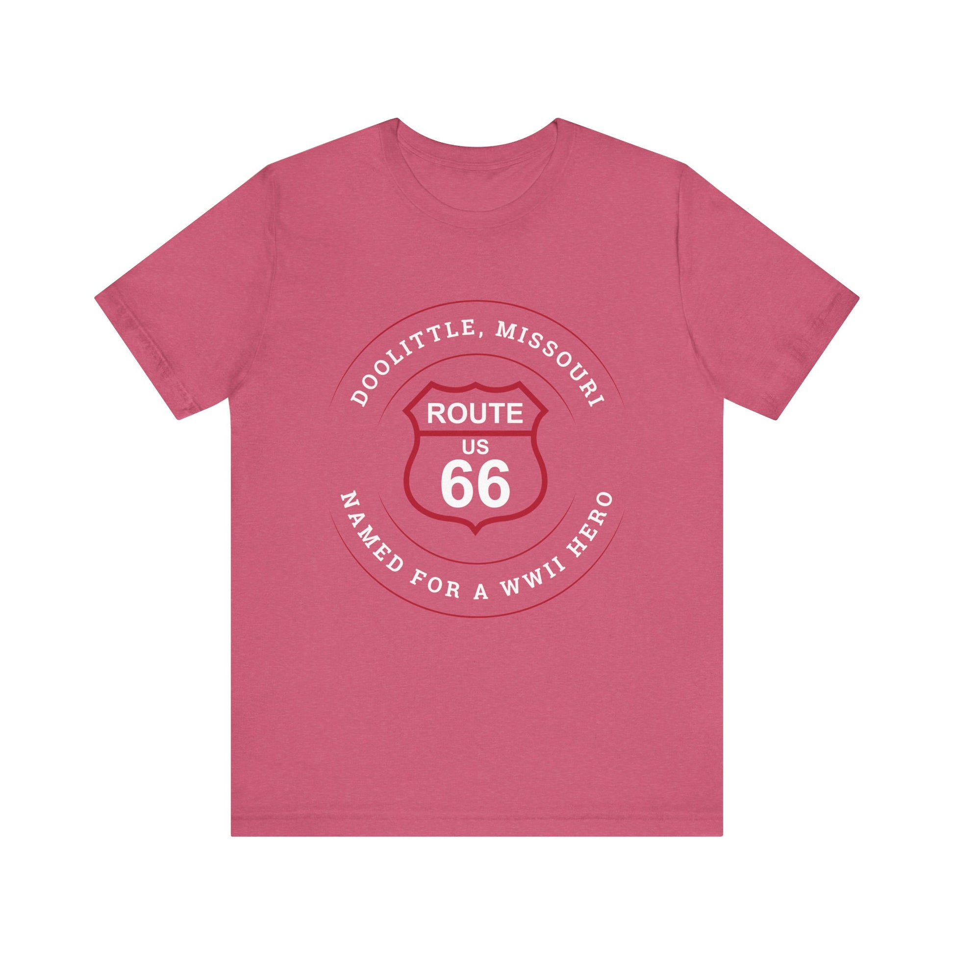 Heather raspberry retro Route 66 unisex jersey tee with Doolittle, MO: "Named for a WWII Hero" design