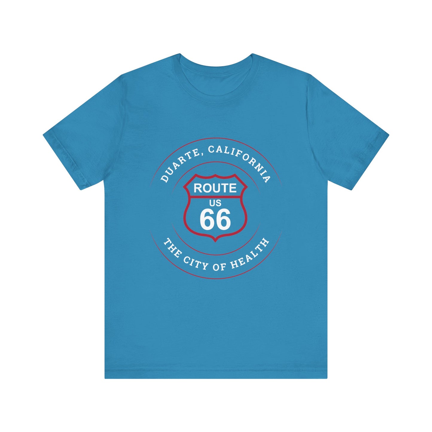 Aqua retro Route 66 unisex jersey tee with Duarte, CA: "The City of Health" design