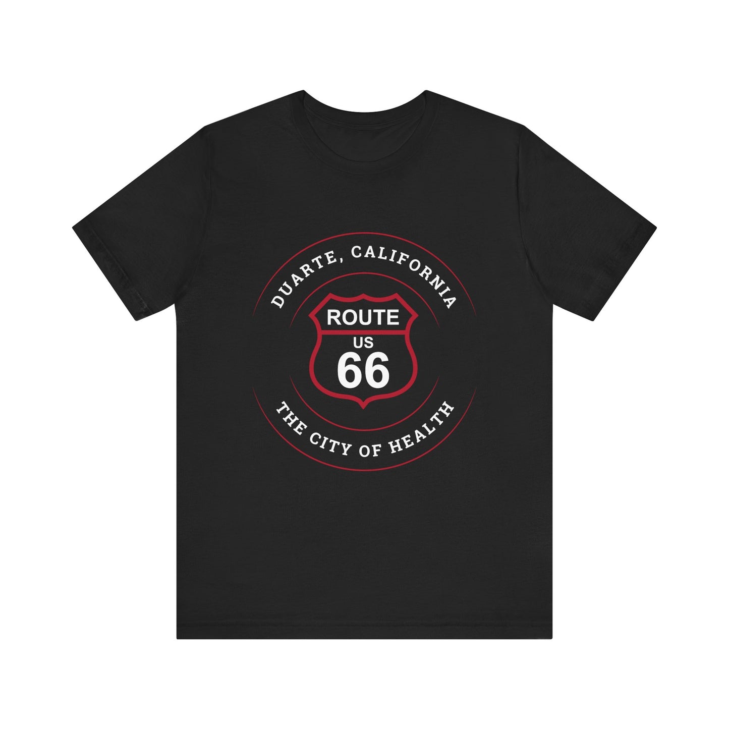 Black retro Route 66 unisex jersey tee with Duarte, CA: "The City of Health" design