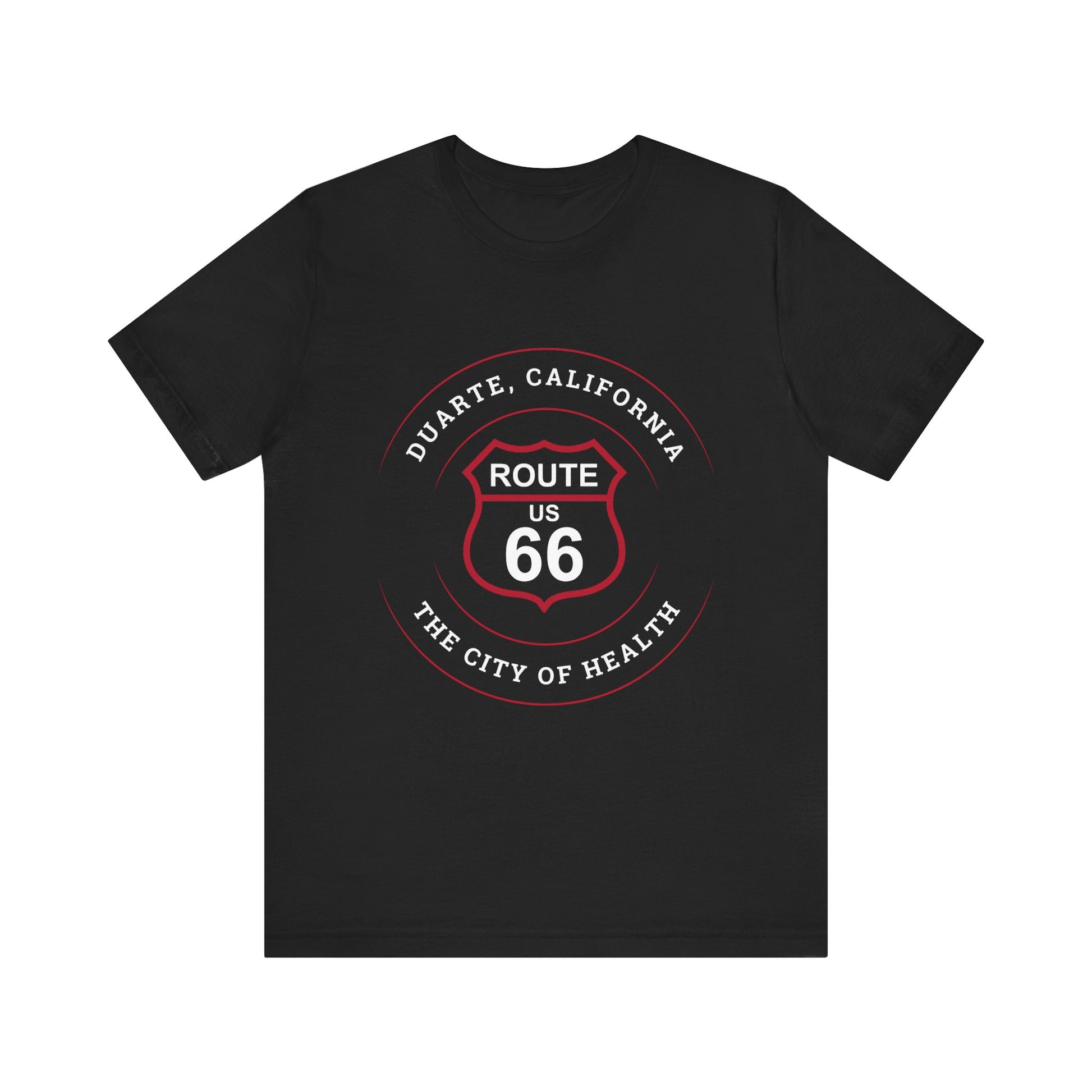 Black retro Route 66 unisex jersey tee with Duarte, CA: "The City of Health" design