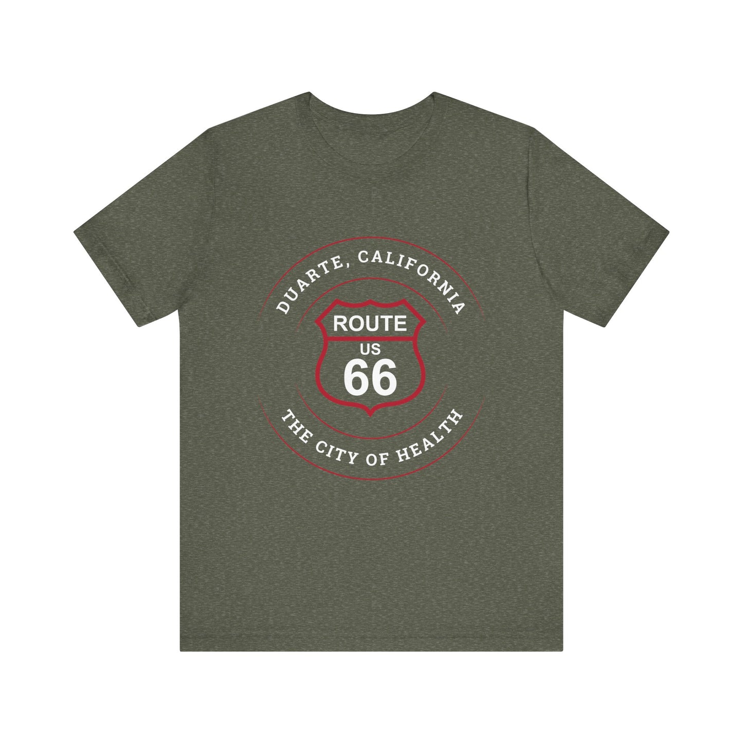 Heather military green retro Route 66 unisex jersey tee with Duarte, CA: "The City of Health" design