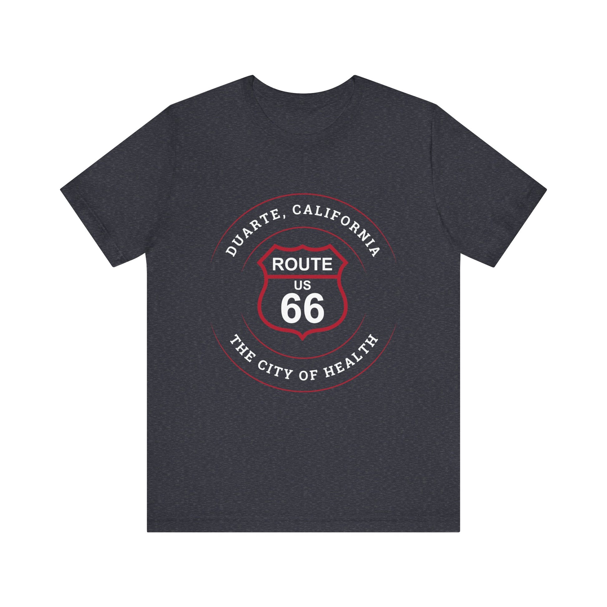 Heather navy retro Route 66 unisex jersey tee with Duarte, CA: "The City of Health" design