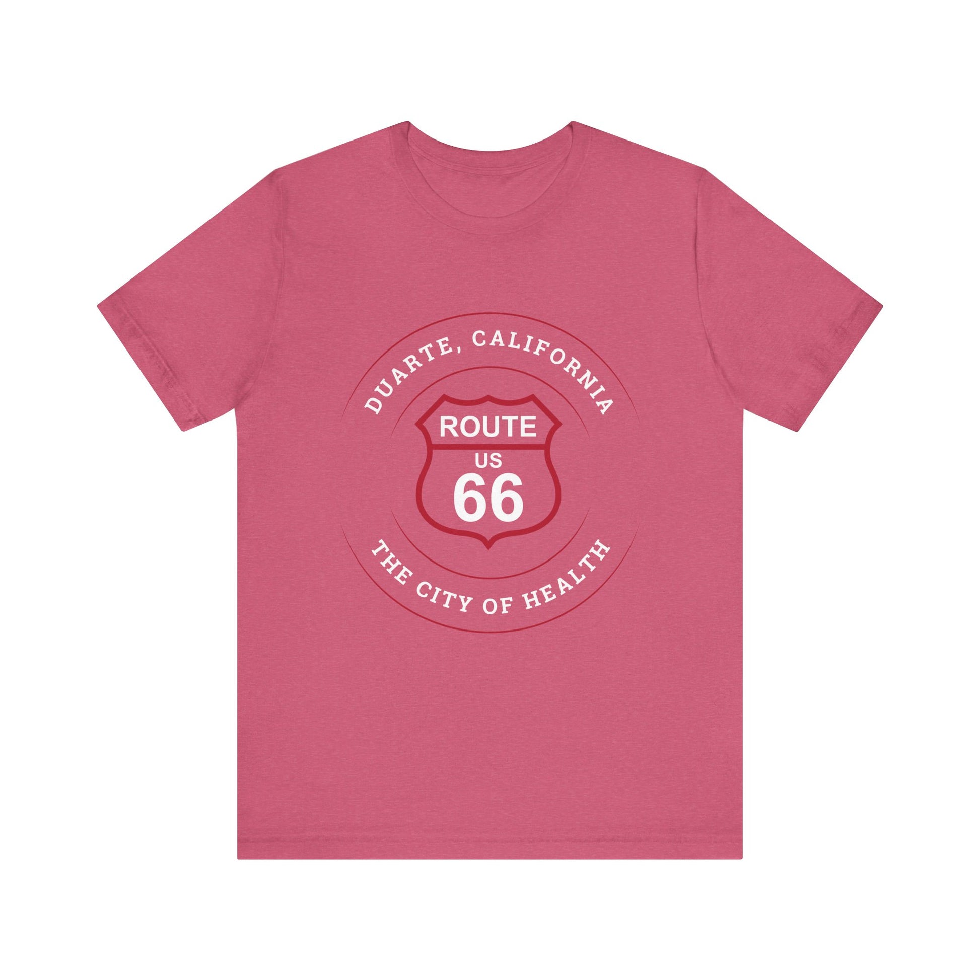 Heather raspberry retro Route 66 unisex jersey tee with Duarte, CA: "The City of Health" design