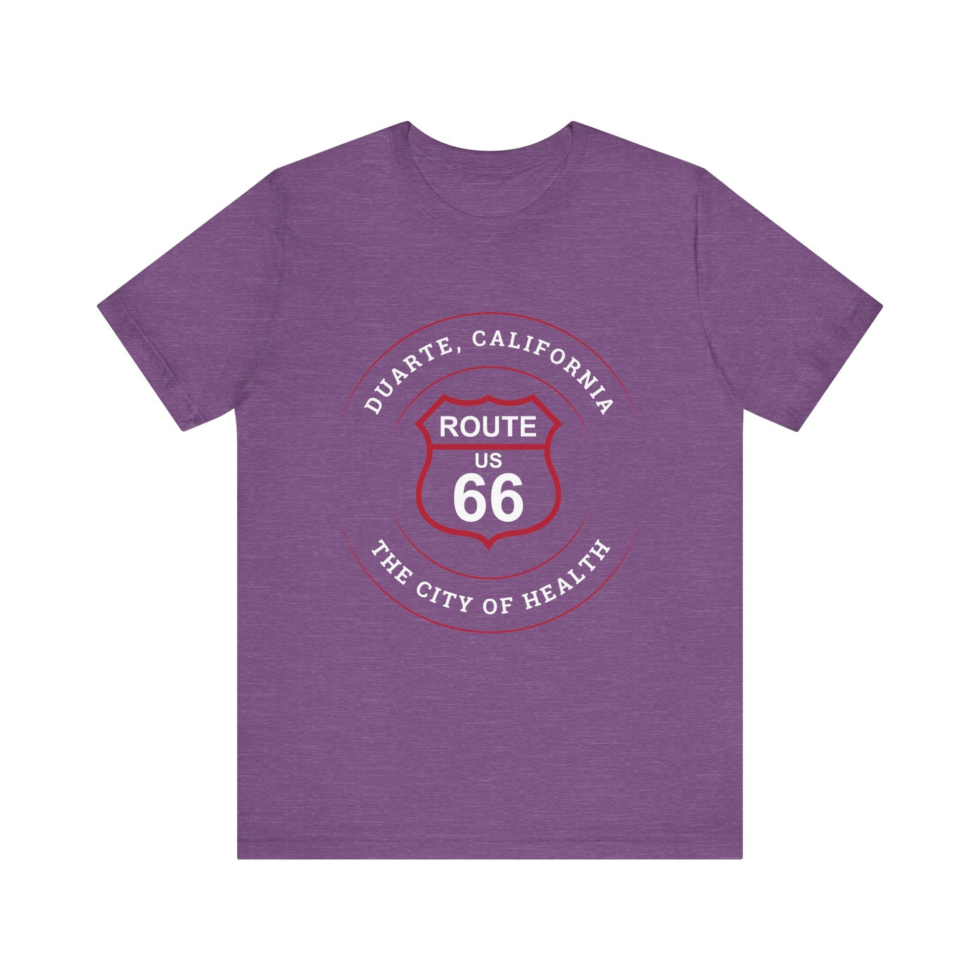 Heather team purple retro Route 66 unisex jersey tee with Duarte, CA: "The City of Health" design