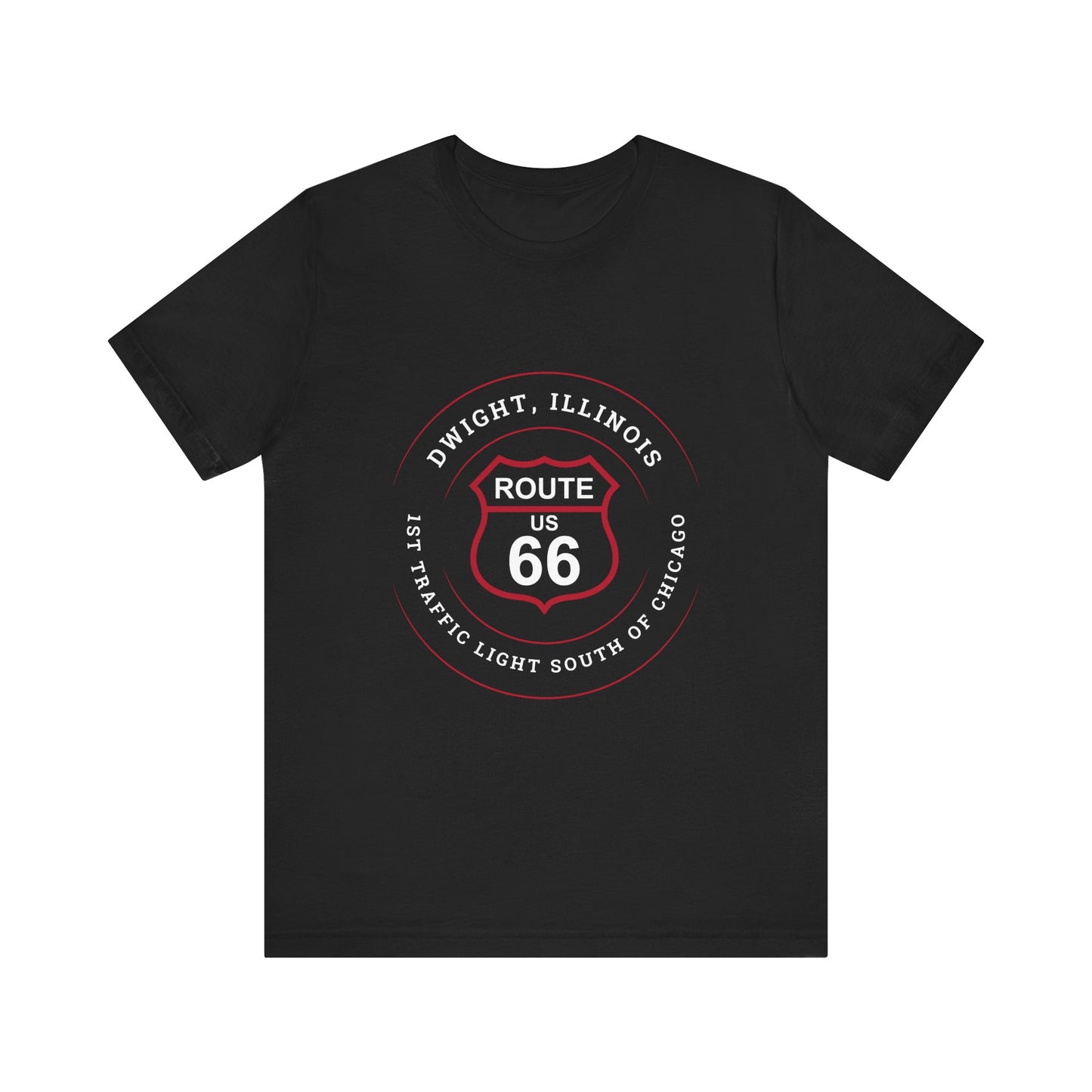 Black retro Route 66 unisex jersey tee with Dwight, IL: "1st Traffic Light South of Chicago" design