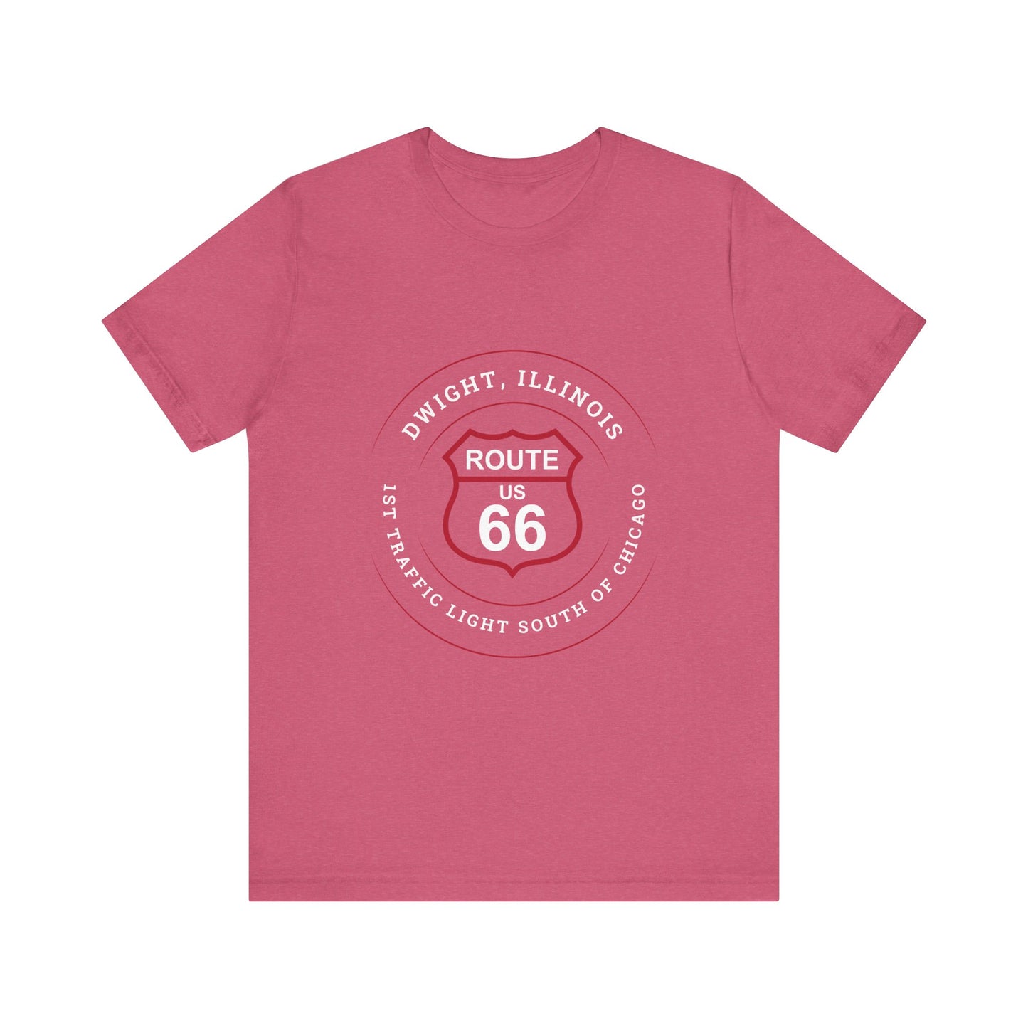 Heather raspberry retro Route 66 unisex jersey tee with Dwight, IL: "1st Traffic Light South of Chicago" design