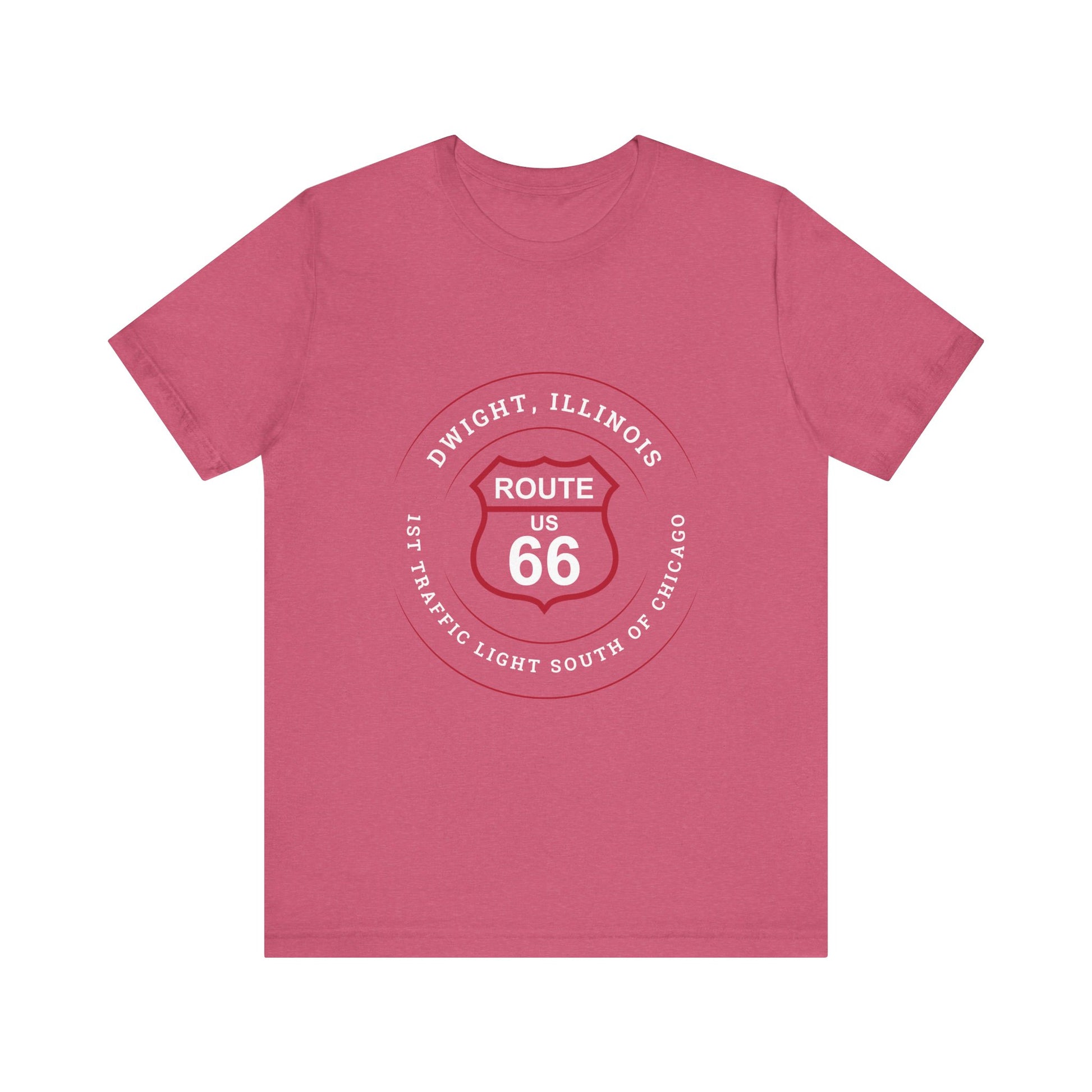 Heather raspberry retro Route 66 unisex jersey tee with Dwight, IL: "1st Traffic Light South of Chicago" design