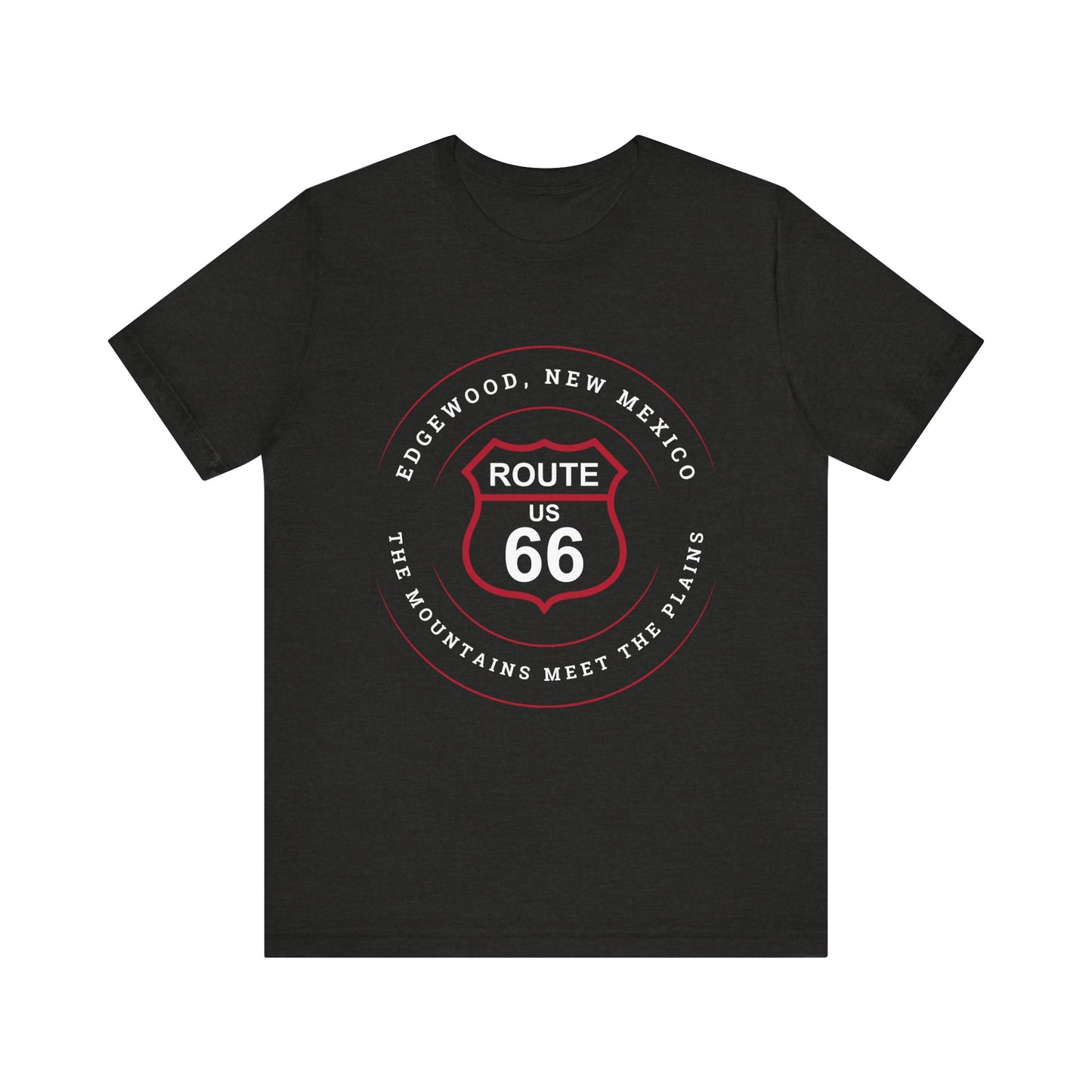 Black heather retro Route 66 unisex jersey tee with Edgewood, NM: "The Mountains Meet The Plains" design