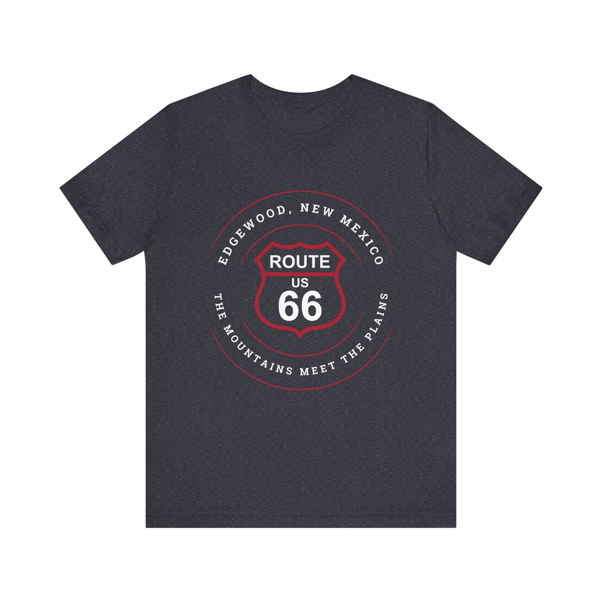 Heather navy retro Route 66 unisex jersey tee with Edgewood, NM: "The Mountains Meet The Plains" design