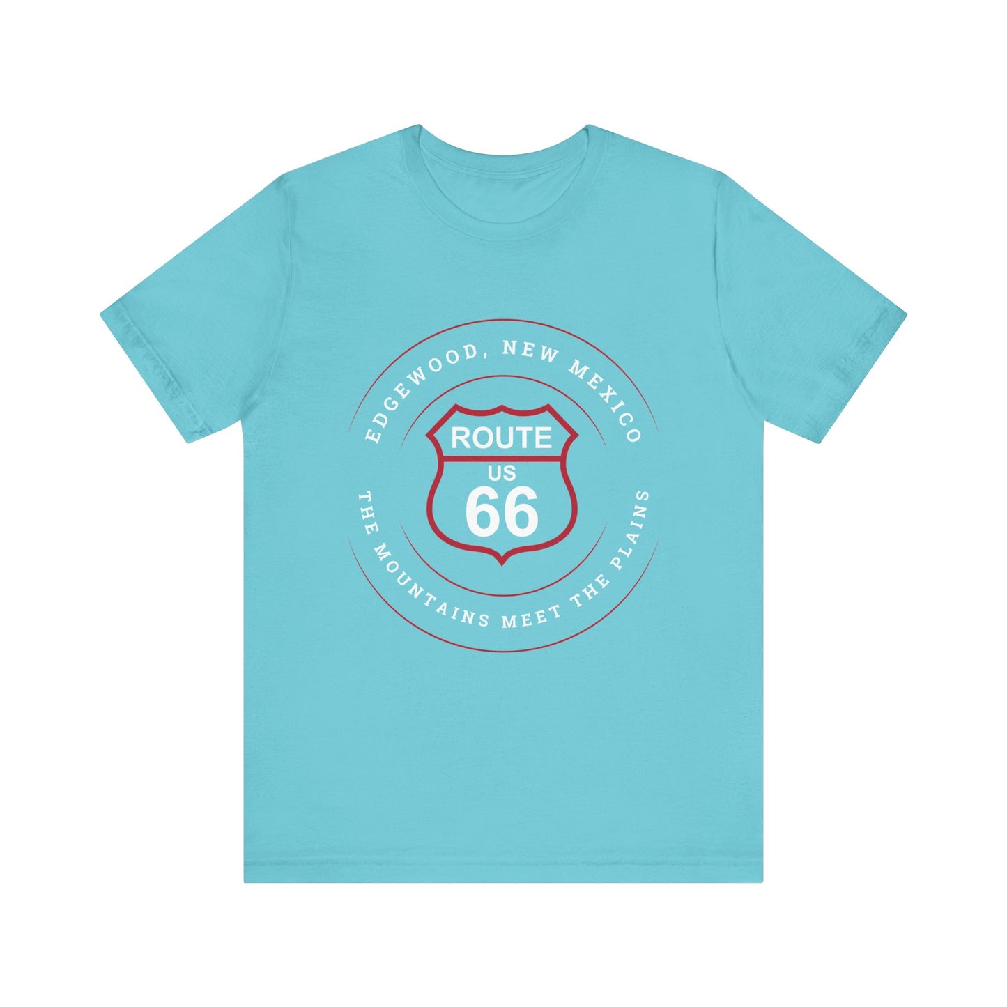 Turquoise retro Route 66 unisex jersey tee with Edgewood, NM: "The Mountains Meet The Plains" design