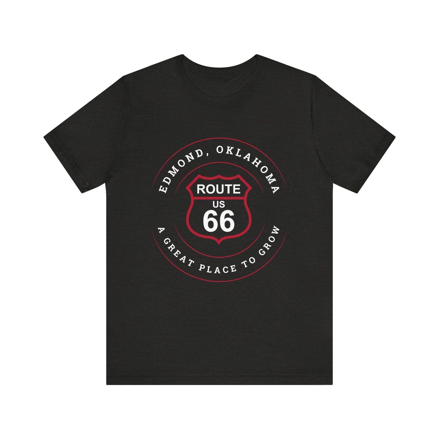 Black heather retro Route 66 unisex jersey tee with Edmond, OK "A Great Place to Grow" design