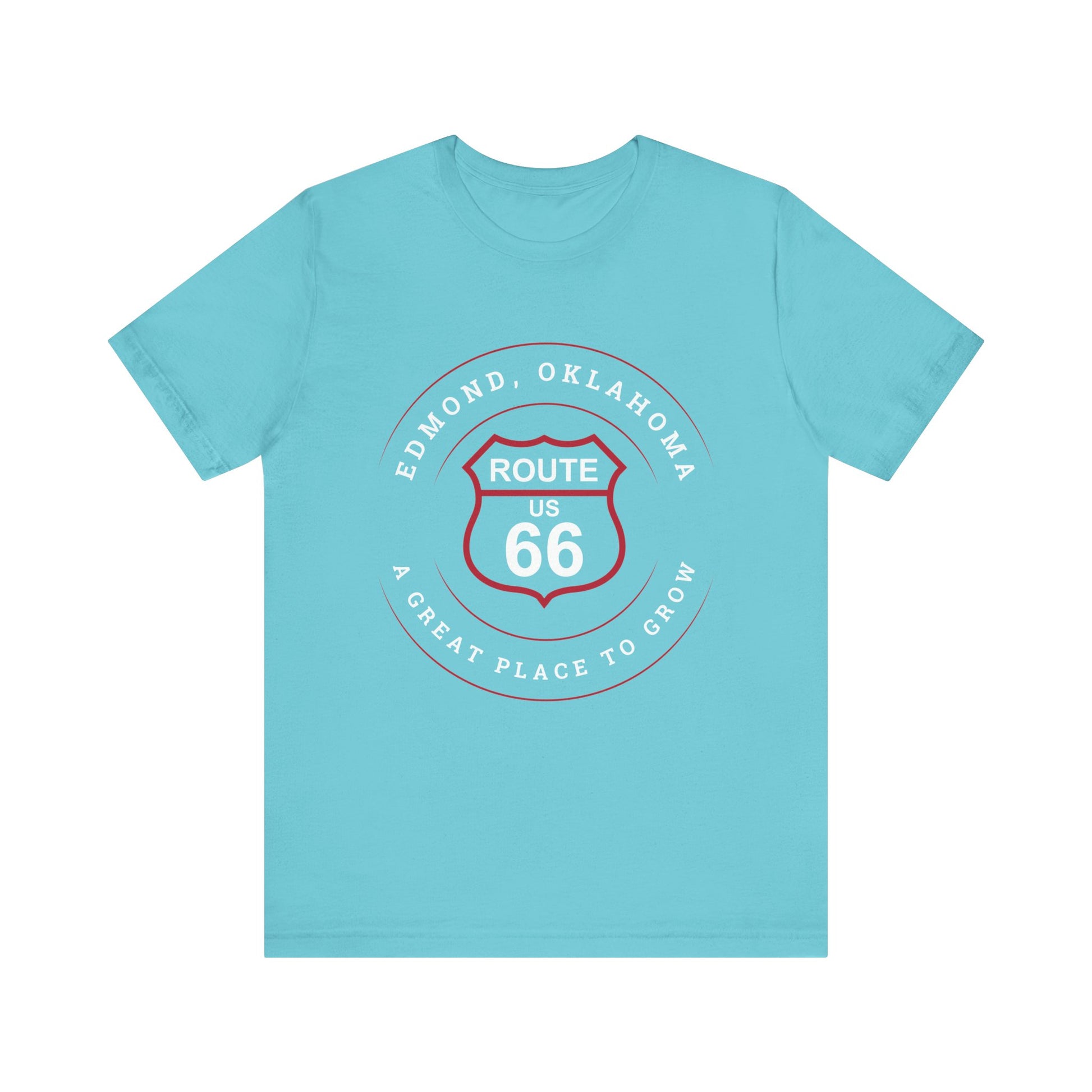 Turquoise retro Route 66 unisex jersey tee with Edmond, OK "A Great Place to Grow" design