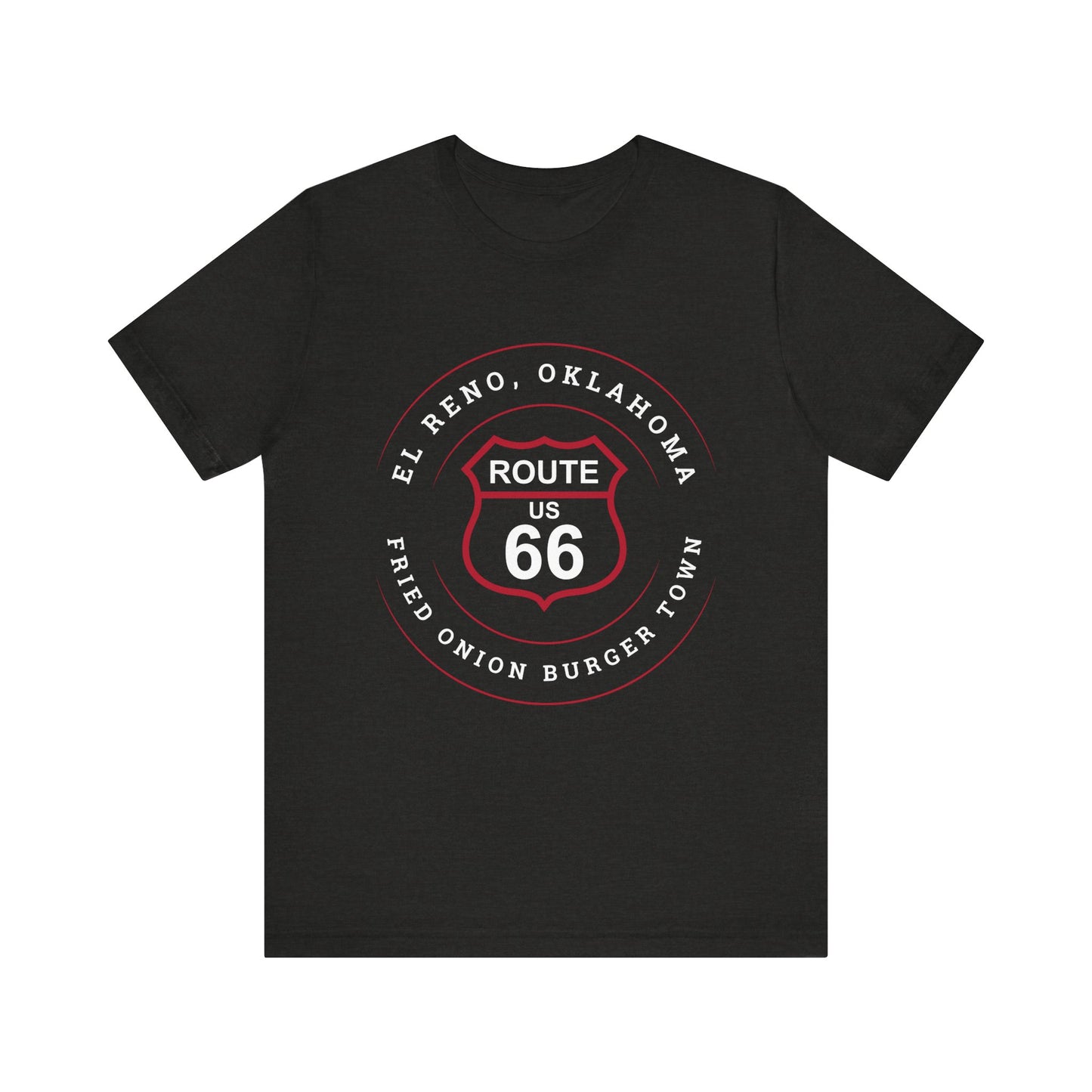 Black heather retro Route 66 unisex jersey tee with El Reno, OK "Fried Onion Burger Town" design