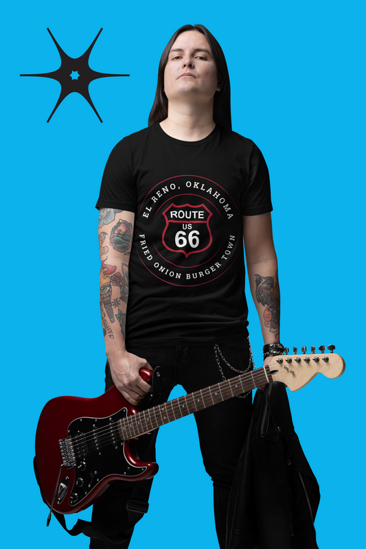 Male model holding a maroon guitar and wearing a black retro Route 66 unisex jersey tee with El Reno, OK "Fried Onion Burger Town" design