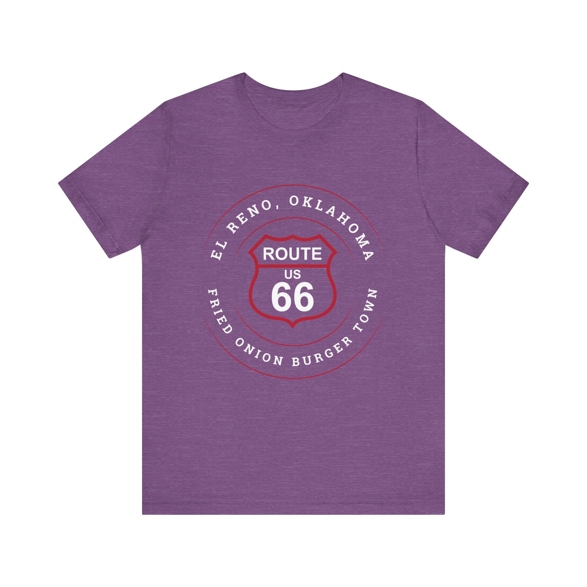 Heather team purple retro Route 66 unisex jersey tee with El Reno, OK "Fried Onion Burger Town" design