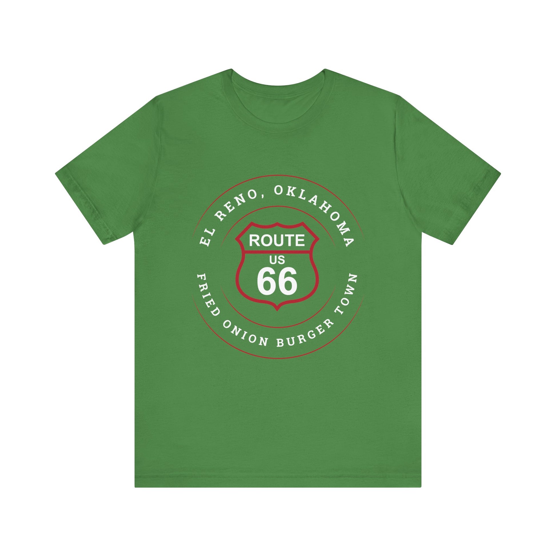 Leaf retro Route 66 unisex jersey tee with El Reno, OK "Fried Onion Burger Town" design