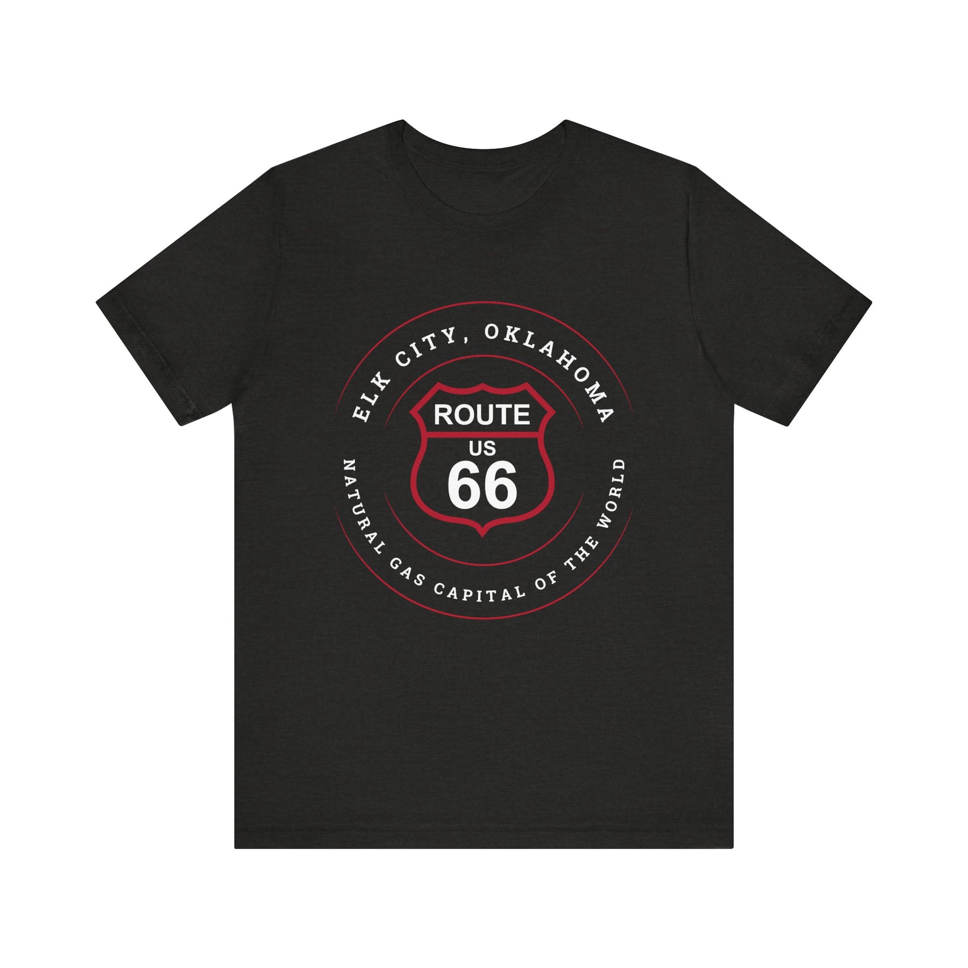 Black heather retro Route 66 unisex jersey tee with Elk City, OK "Natural Gas Capital of the World" design