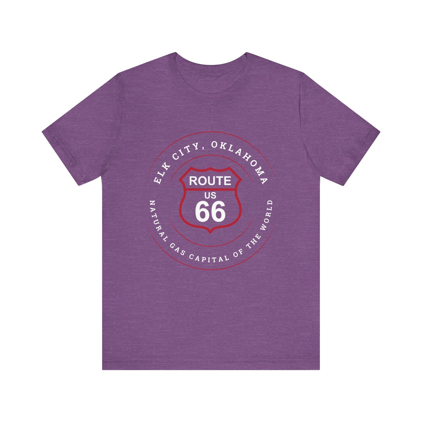 Heather team purple retro Route 66 unisex jersey tee with Elk City, OK "Natural Gas Capital of the World" design