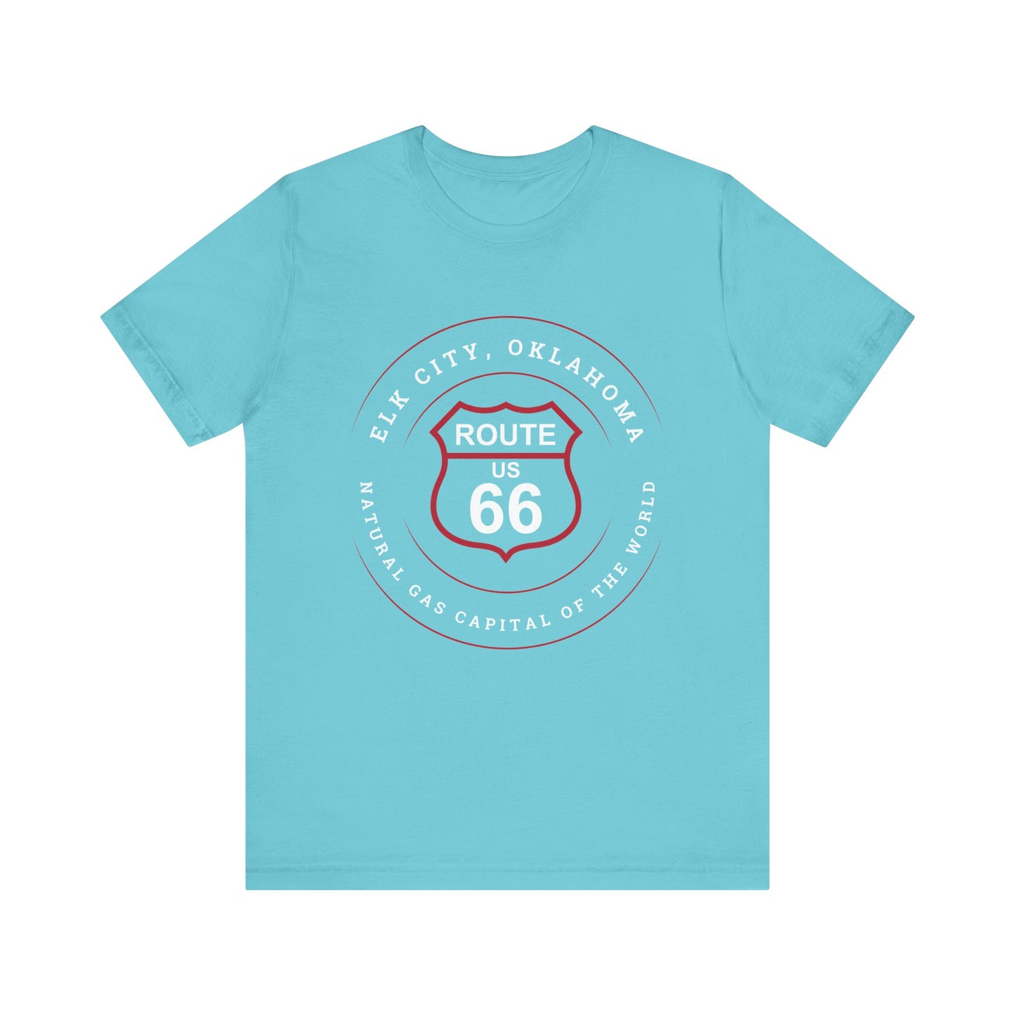 Turquoise retro Route 66 unisex jersey tee with Elk City, OK "Natural Gas Capital of the World" design